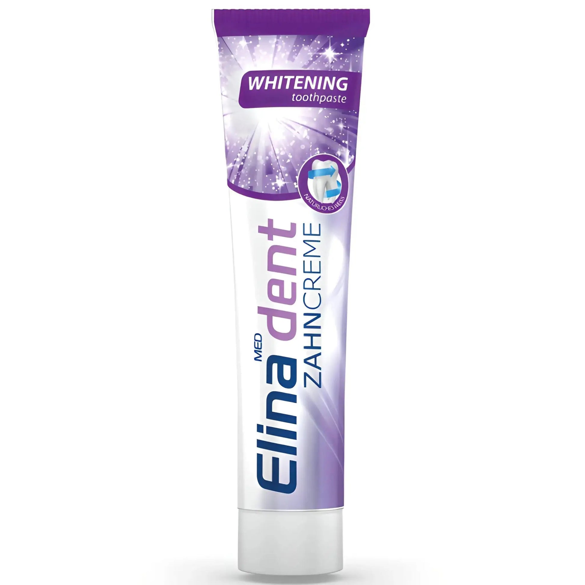 Elina dent whitening -hammastahna putkessa, valkoisessa ja violetissa pakkauksessa kiiltovaikutteella.