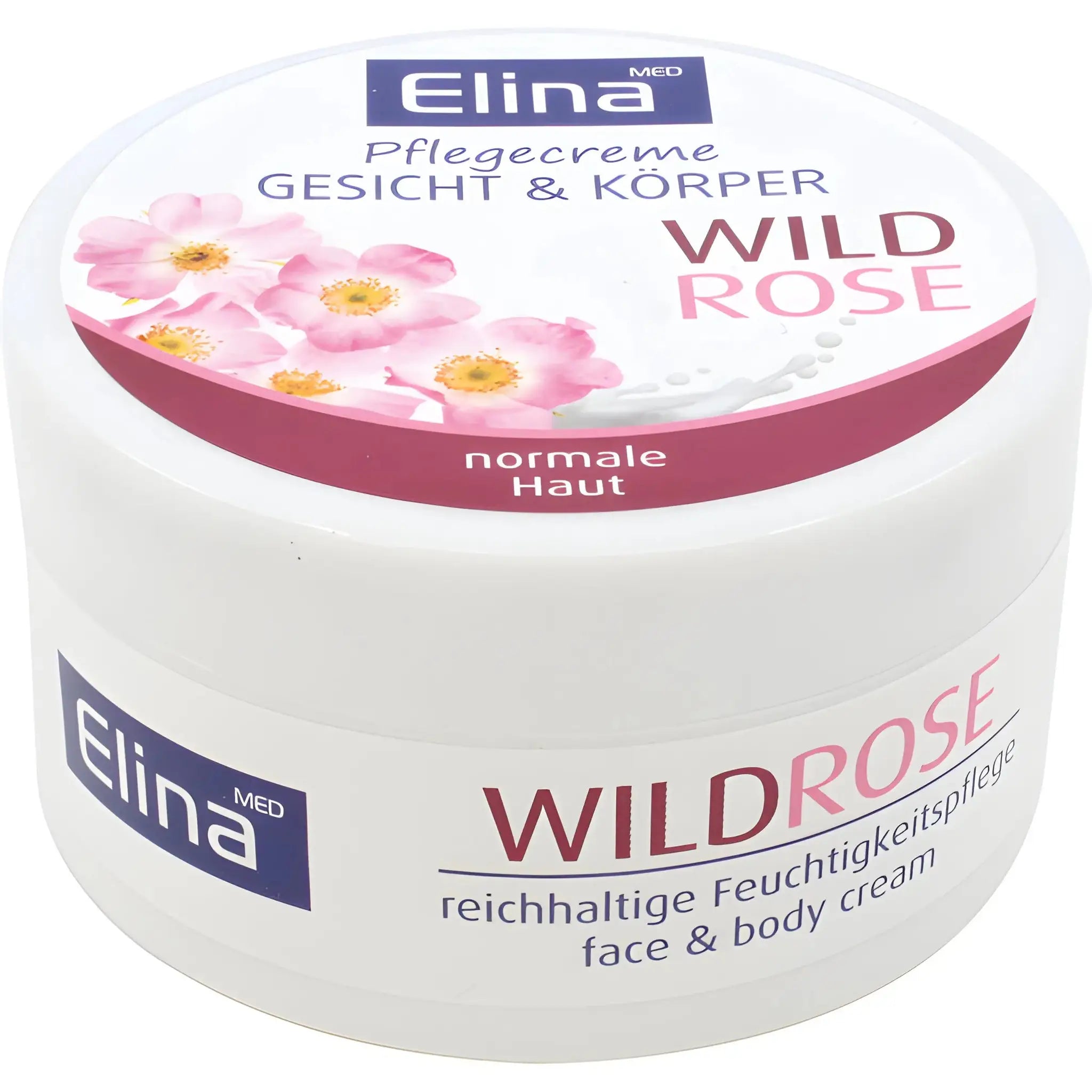 Elina Med Wild Rose kasvovoide ja vartalovoide normaalille iholle, valkoinen purkki vaaleanpunaisilla kukilla.
