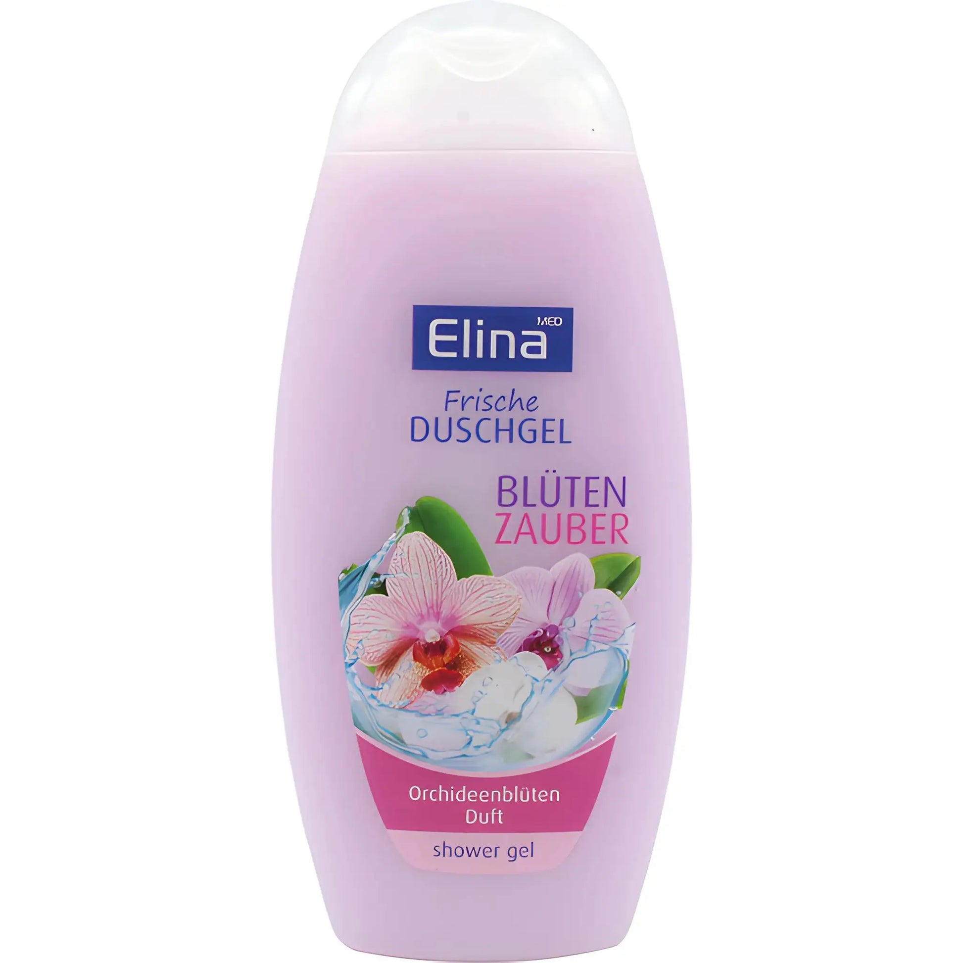 Elina suihkugeeli orkideatuoksulla, violetti pullo kukkakuvioitu, kehonhoitoon tarkoitettu suihkugeeli
