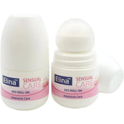 Elina Sensual Care -deodorantti roll-on, intensiivinen hoito, kaksi valkoista pulloa valkoista taustaa vasten