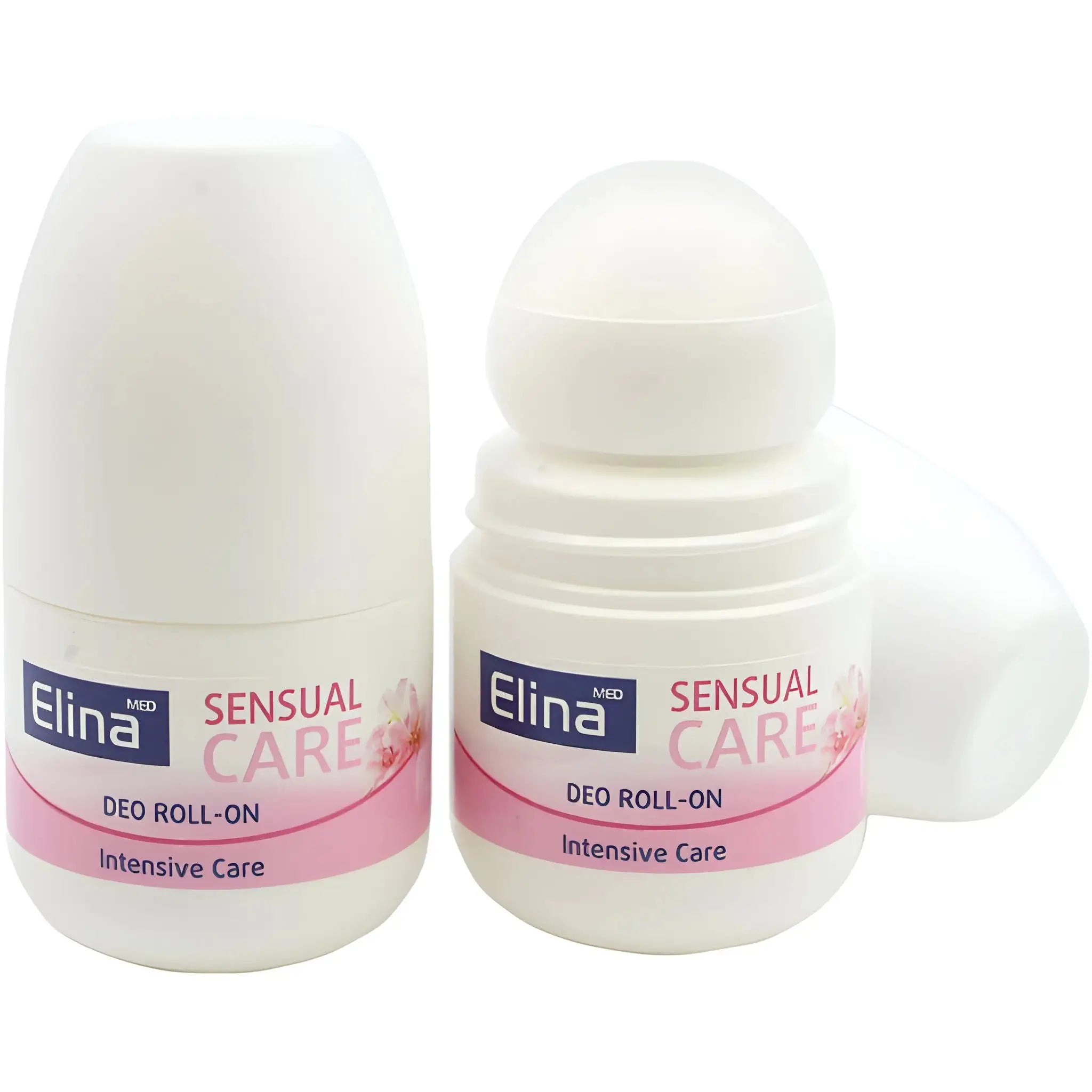 Elina Sensual Care -deodorantti roll-on, intensiivinen hoito, kaksi valkoista pulloa valkoista taustaa vasten