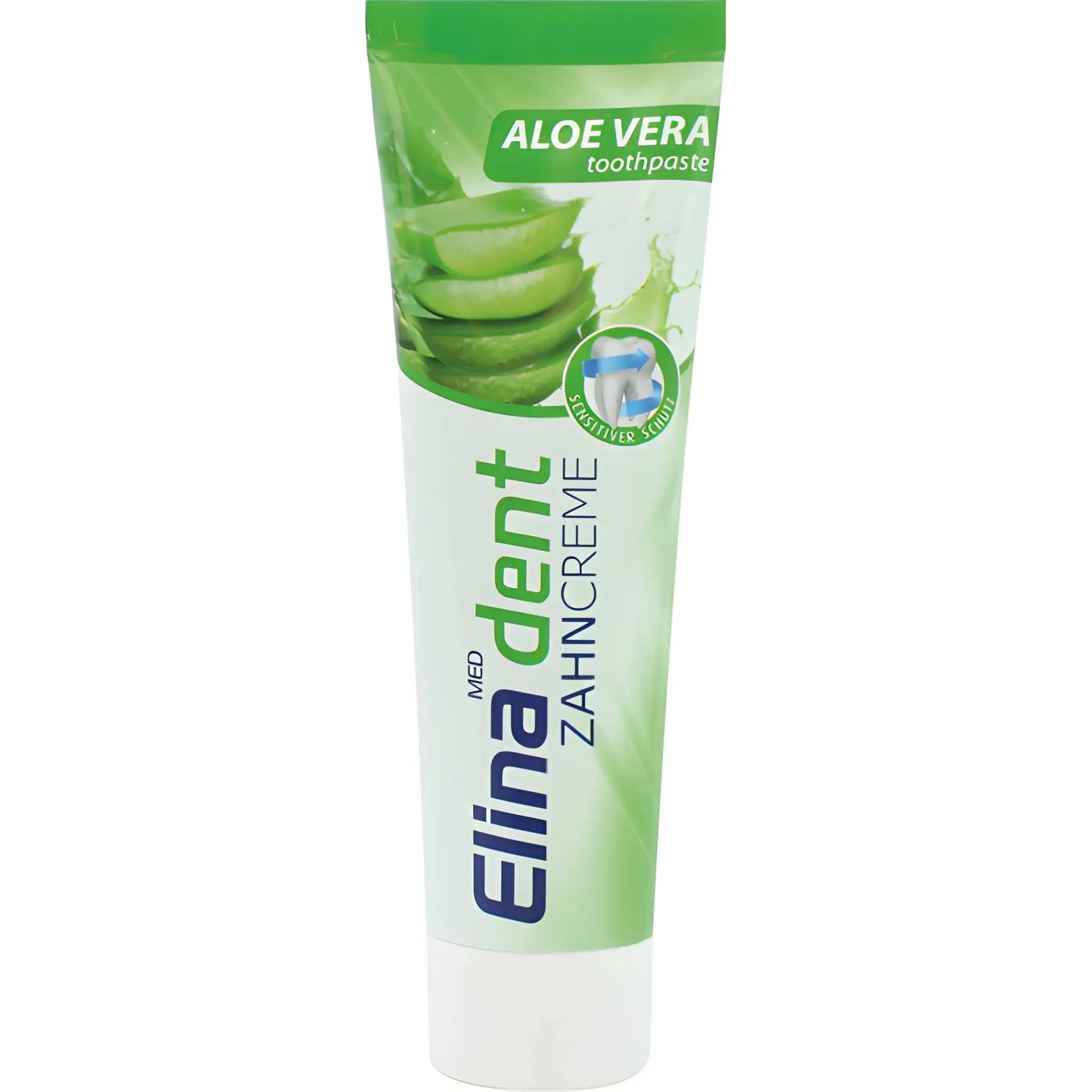 Aloe vera -hammaspastaa herkkiin hampaisiin, vihreä ja valkoinen putki lehtikuviolla.