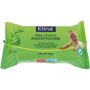 Vihreä pakkaus Elina vauvanpyyhkeet, joissa on aloe veraa, kuva vauvasta, 72 kosteuspyyhkeitä.