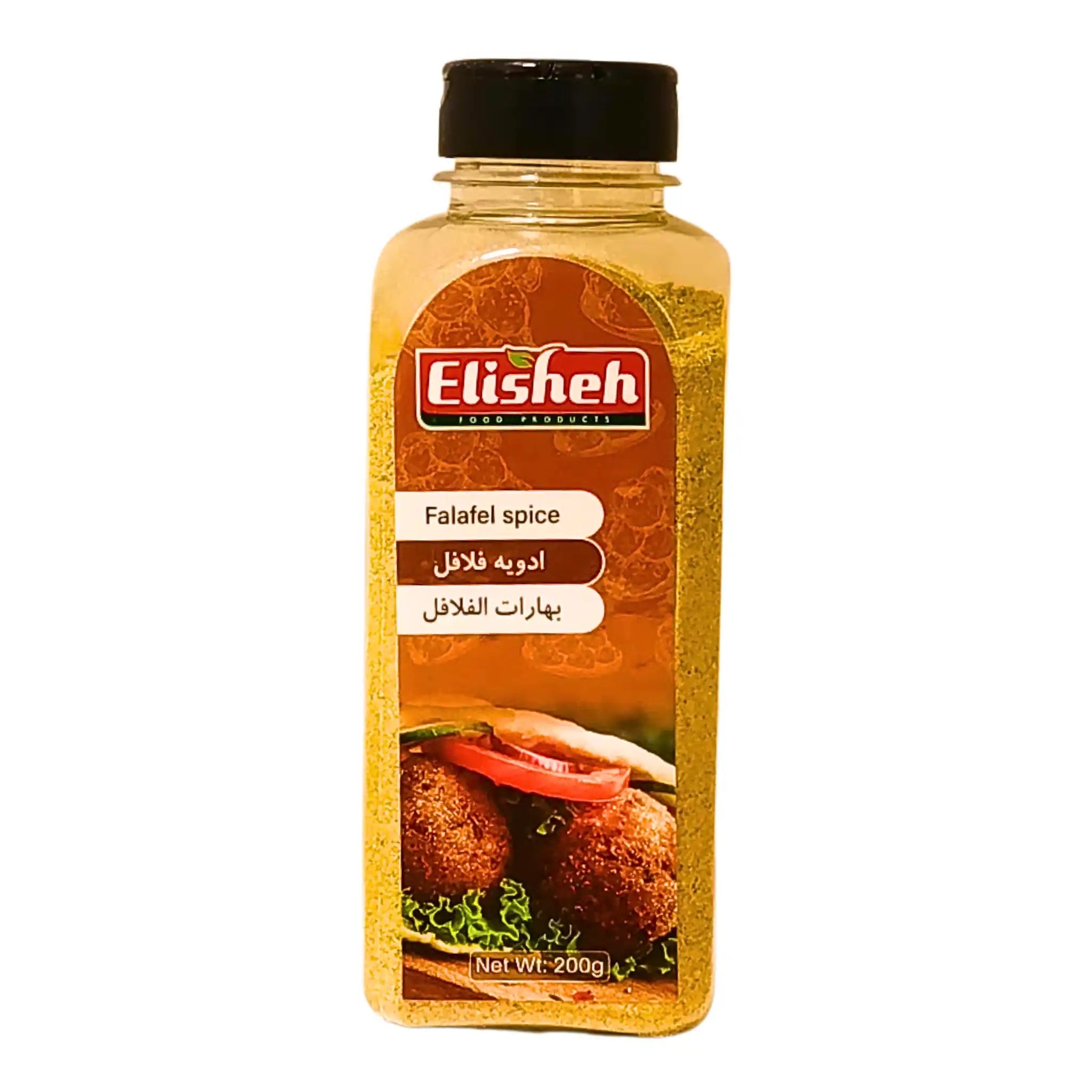 Elishej-falafelimaustetta 200 g muovipurkissa, etiketissä kuva falafelistä ja vihanneksista.
