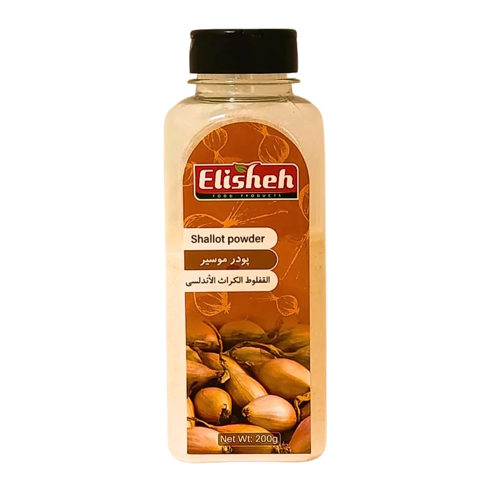 Muovipurkki shallottisipulijauhetta 200 g, etiketissä kuva shallottisipulista ja teksti Shallot powder.