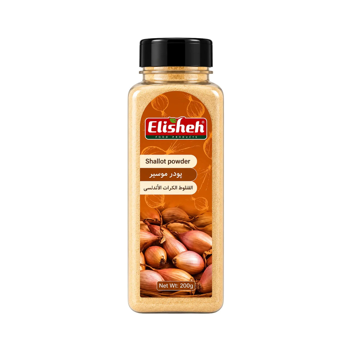 Elisheh schalottenlökpulver i glasflaska med svart lock och etikett, 200 g