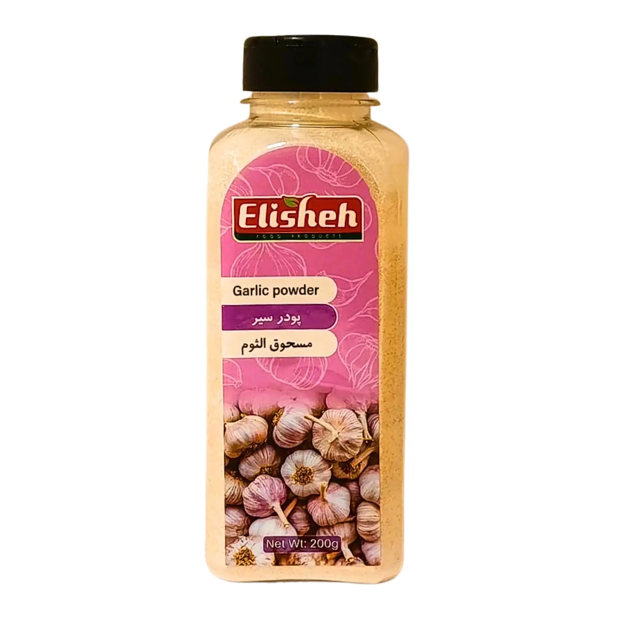 Tölkki Elisheh-valkosipulijauhetta 200 g, itämaista maustetta, selkeä etiketti ja valkosipulikuvio.