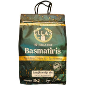 Pakkaus pitkäjyvistä basmati-risiiä, 5 kg, vihreä ja keltainen selkeällä tekstillä.