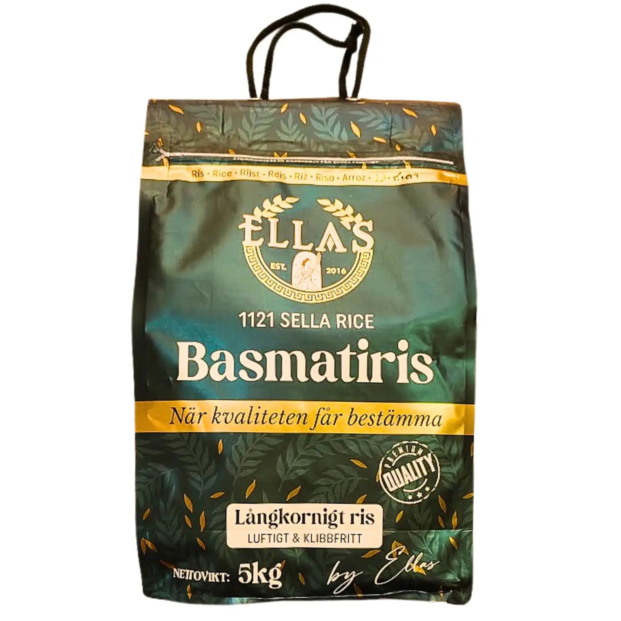 Pakkaus pitkäjyvistä basmati-risiiä, 5 kg, vihreä ja keltainen selkeällä tekstillä.