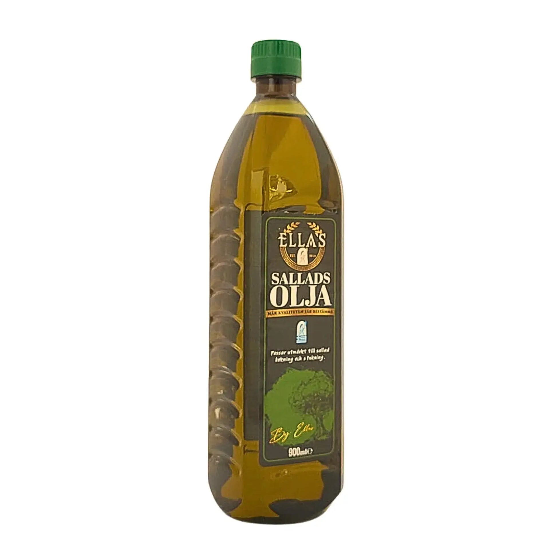 Pullo Ellan salaattiöljyä 900 ml, vihreä korkki ja selkeä etiketti, salaatteja ja ruoanlaittoon tarkoitettu.