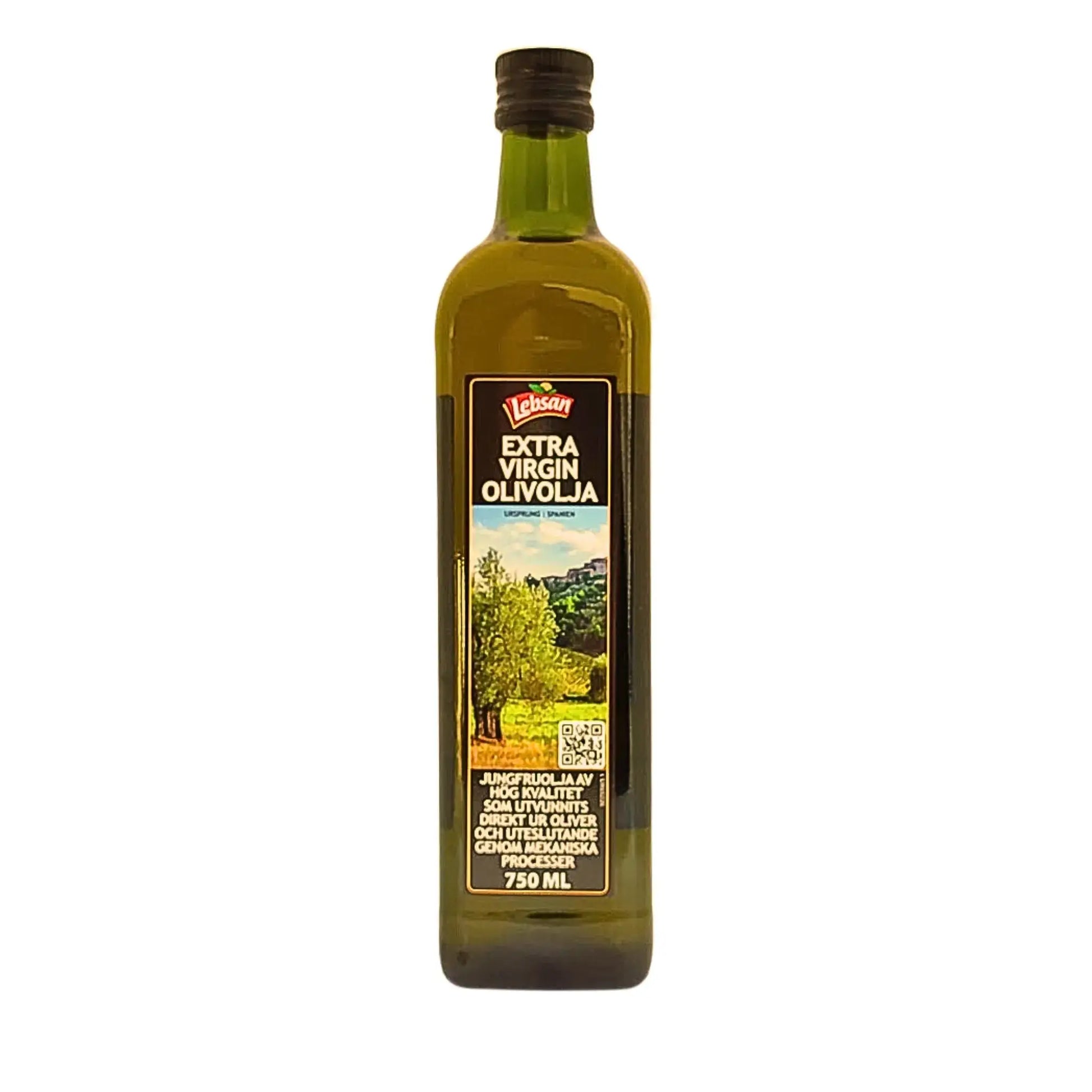 Flaska med extra virgin olivolja 750ml, grön glasflaska med detaljerad etikett.