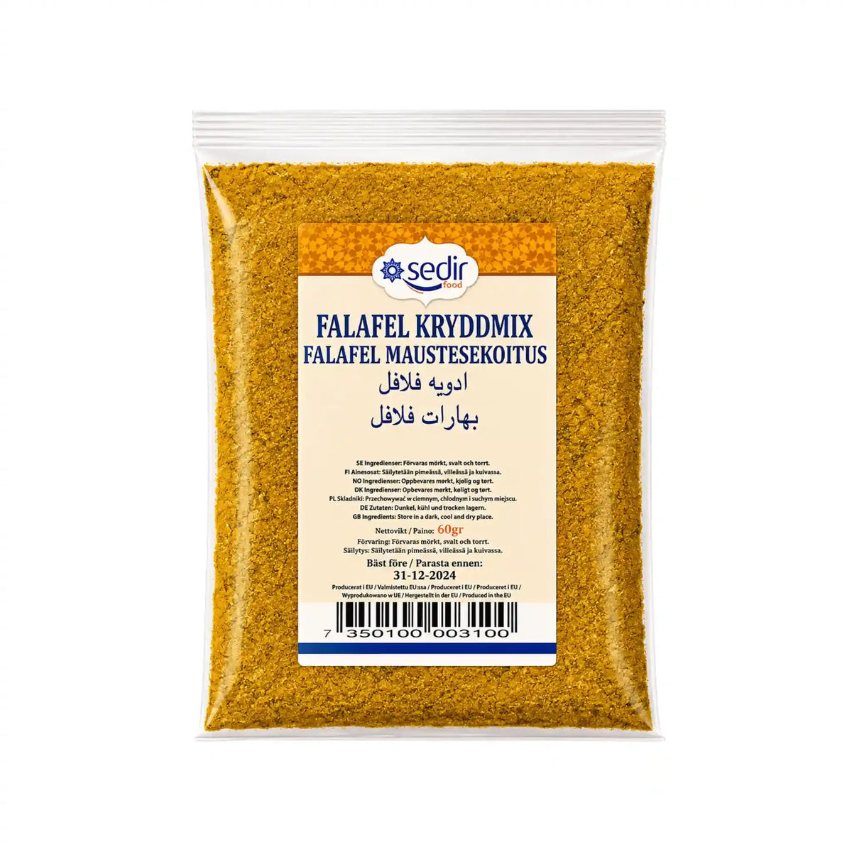 Falafel kryddmix i förseglad påse med Sedir-etikett, gul pulverblandning