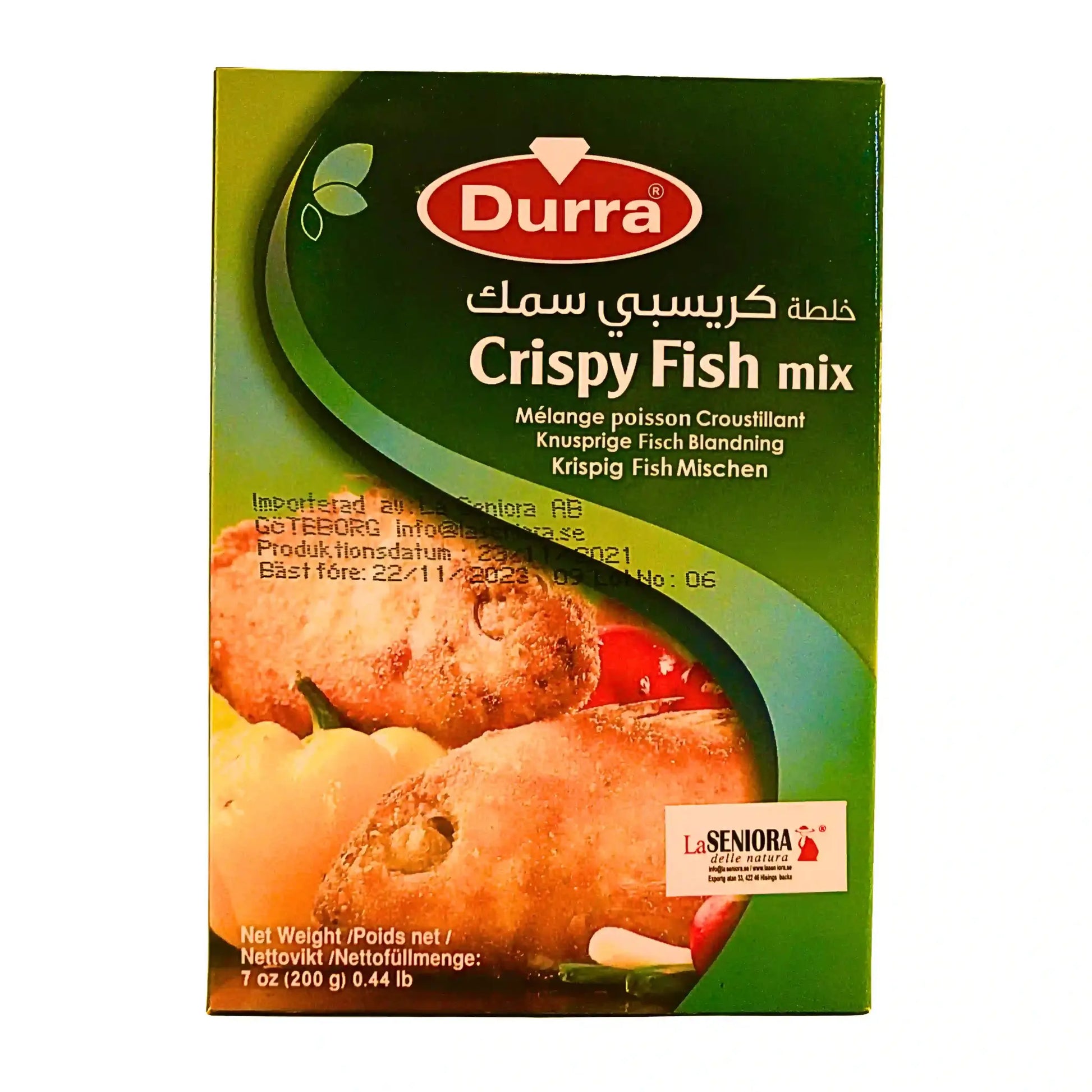 Durra Crispy Fish mix kala-seos 200 g, mieto ja rapea leivinjauhe kalaan, tuotepakkauksessa
