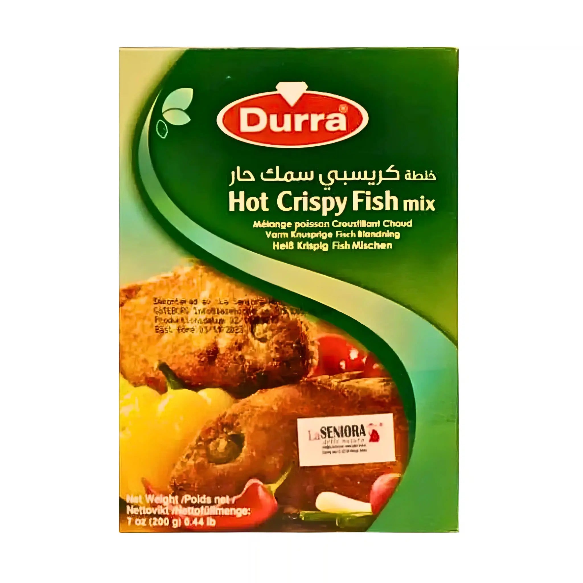 Durra -lämmin rapea kala-seos 200 g, mausteita ja vihanneksia etupuolella