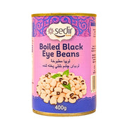 Purkki keitettyjä mustasilmäpavuja 400g, itämaisia papuja rikkaalla maulla valkoisella taustalla.