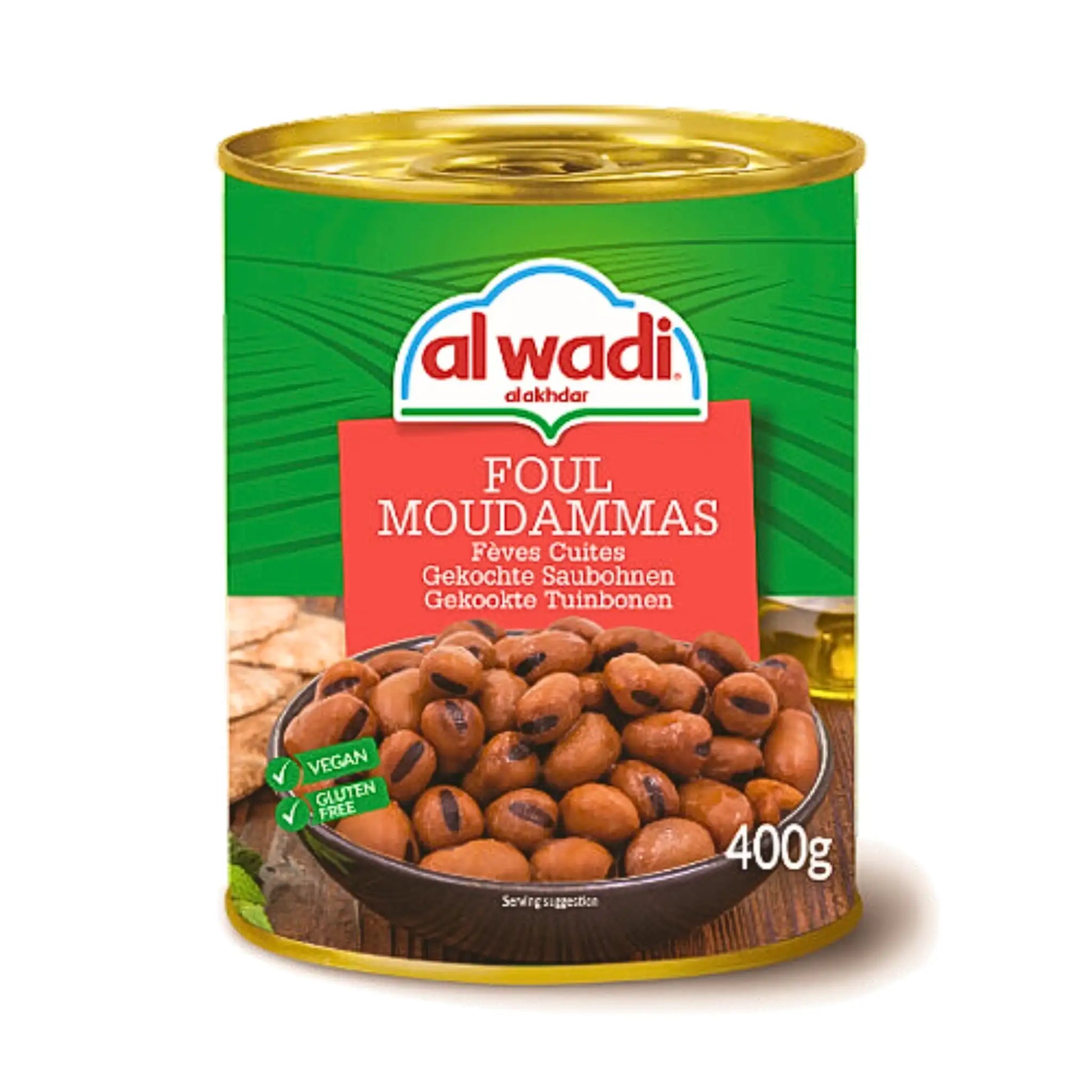 Konservipurkki Foul Moudammas 400g, itämaiset keitetyt pavut, vegaaninen, gluteeniton