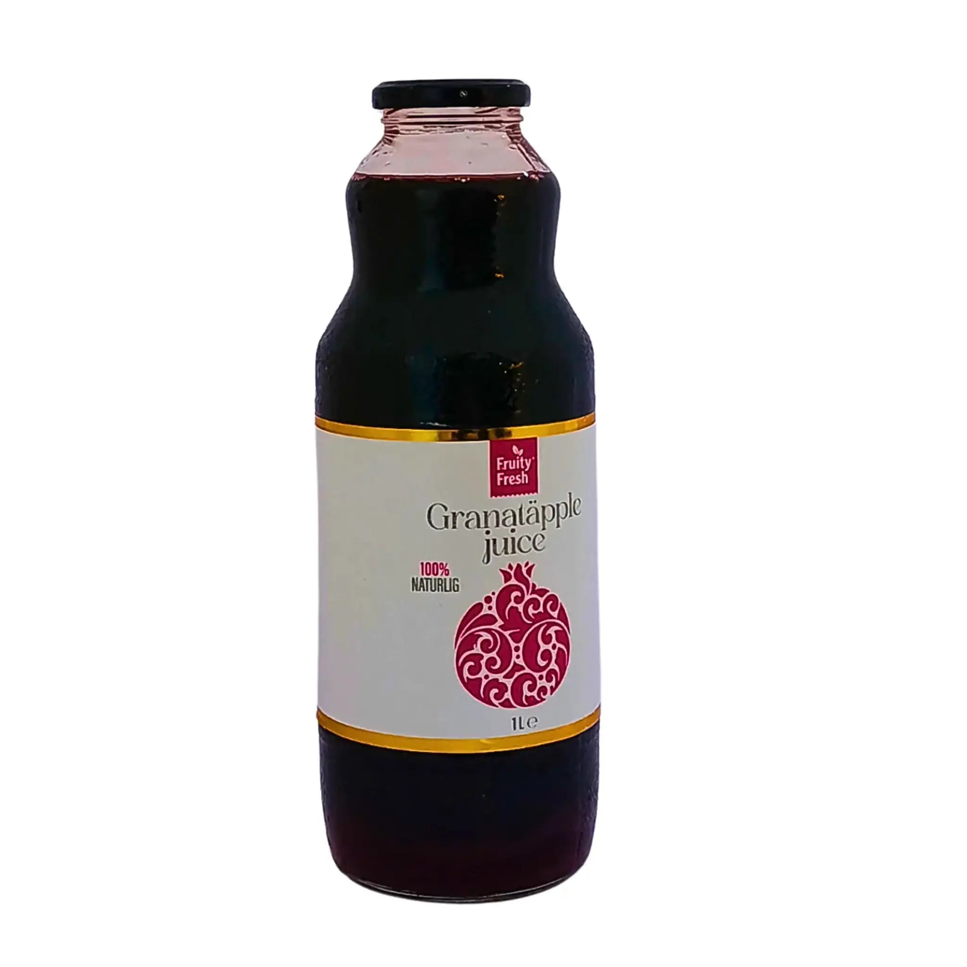 Fruity Fresh granaattiomenamehu 1 L pullo, 100 % luonnollinen, itämainen juoma valkoisella taustalla