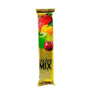 Golden Mix -hedelmänahkapalkki granaattiomenalla, aprikoosilla, omenalla ja kirsikalla keltaisessa pakkauksessa.