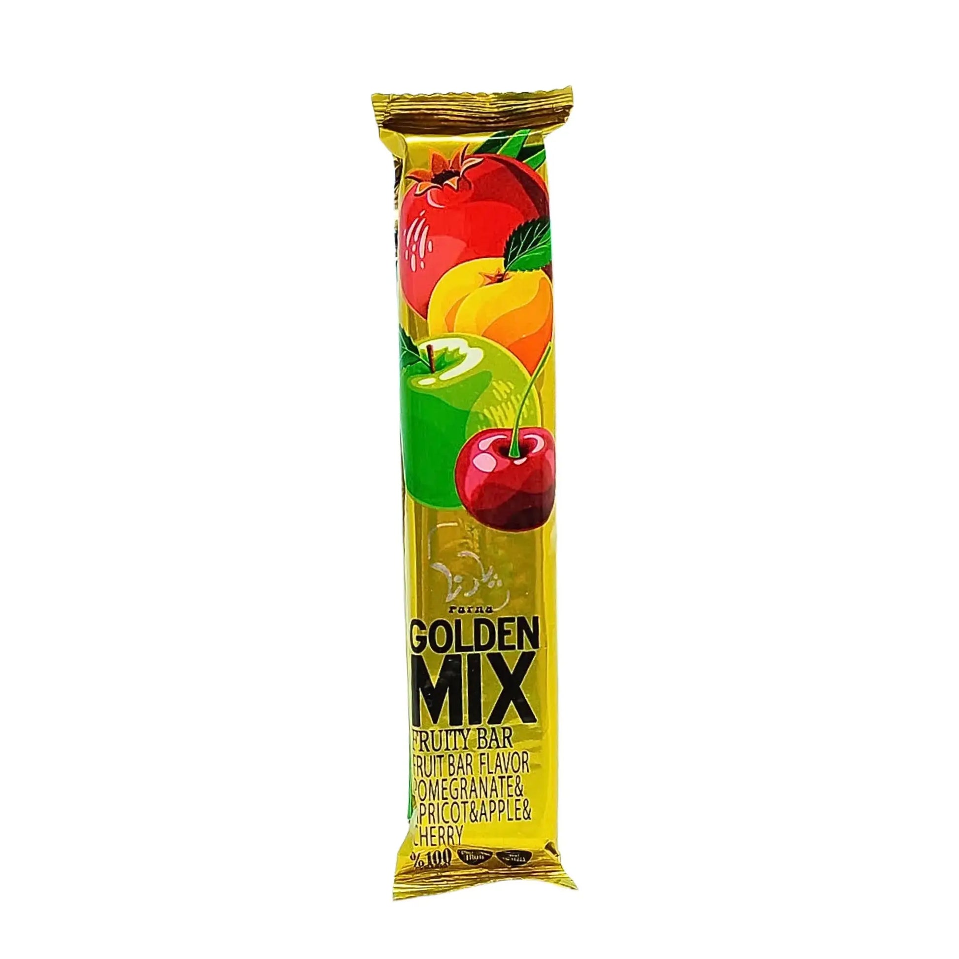 Golden Mix -hedelmänahkapalkki granaattiomenalla, aprikoosilla, omenalla ja kirsikalla keltaisessa pakkauksessa.
