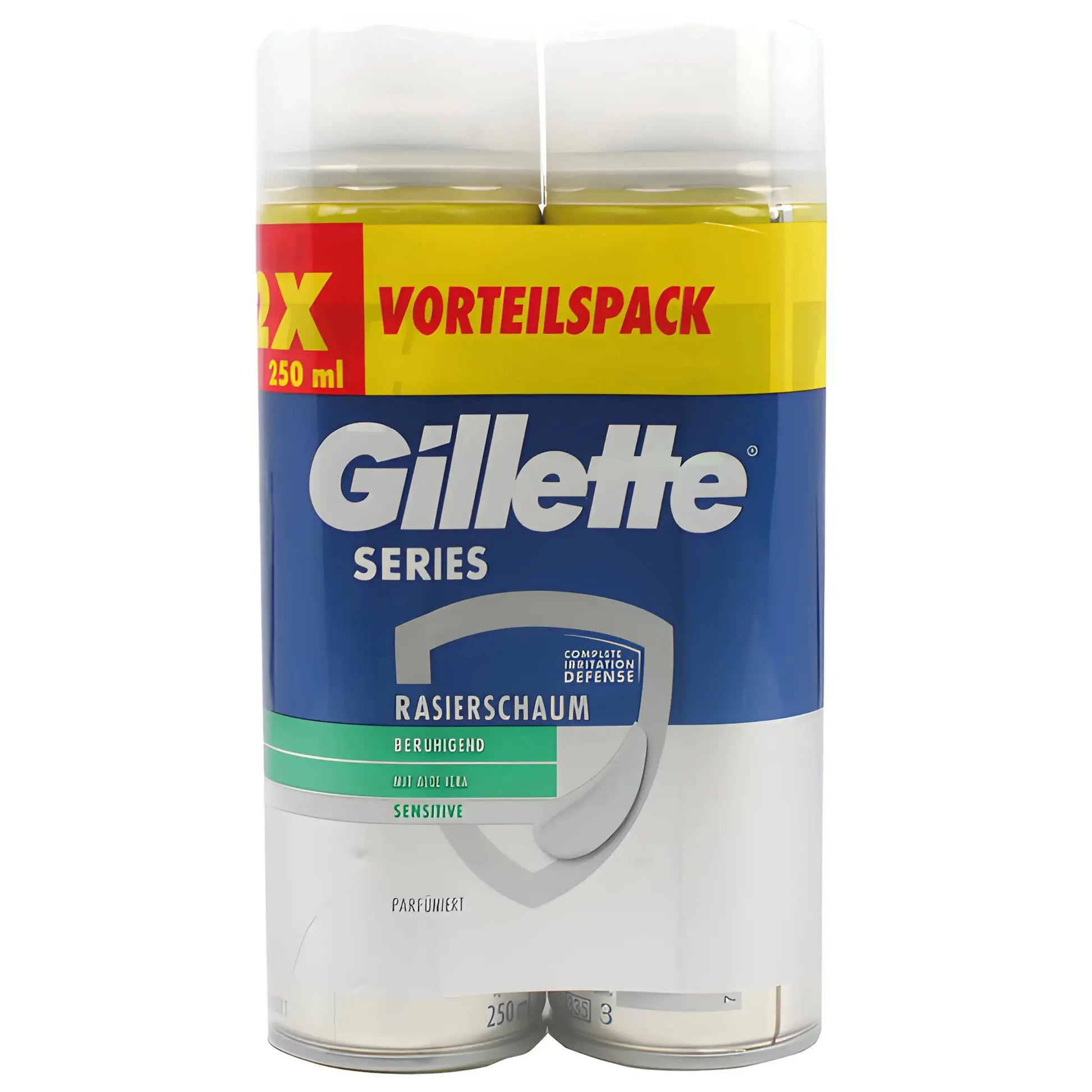 Gillette partavaahto 2-paketti herkkälle iholle, 250 ml kumpikin, sininen ja keltainen pakkaus.