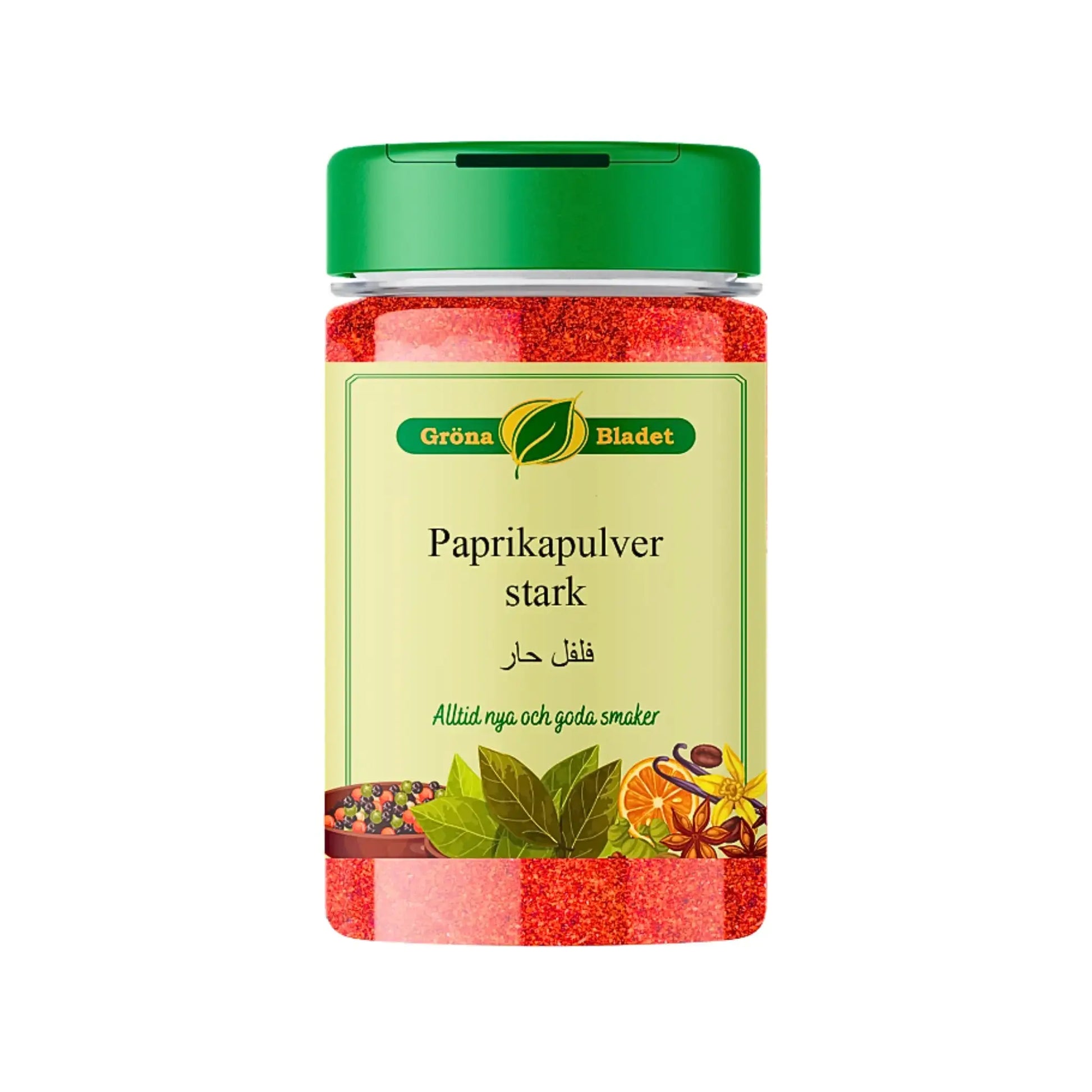 Purkki voimakasta paprikajauhetta, vihreä kansi ja etiketti maustekuvioilla.