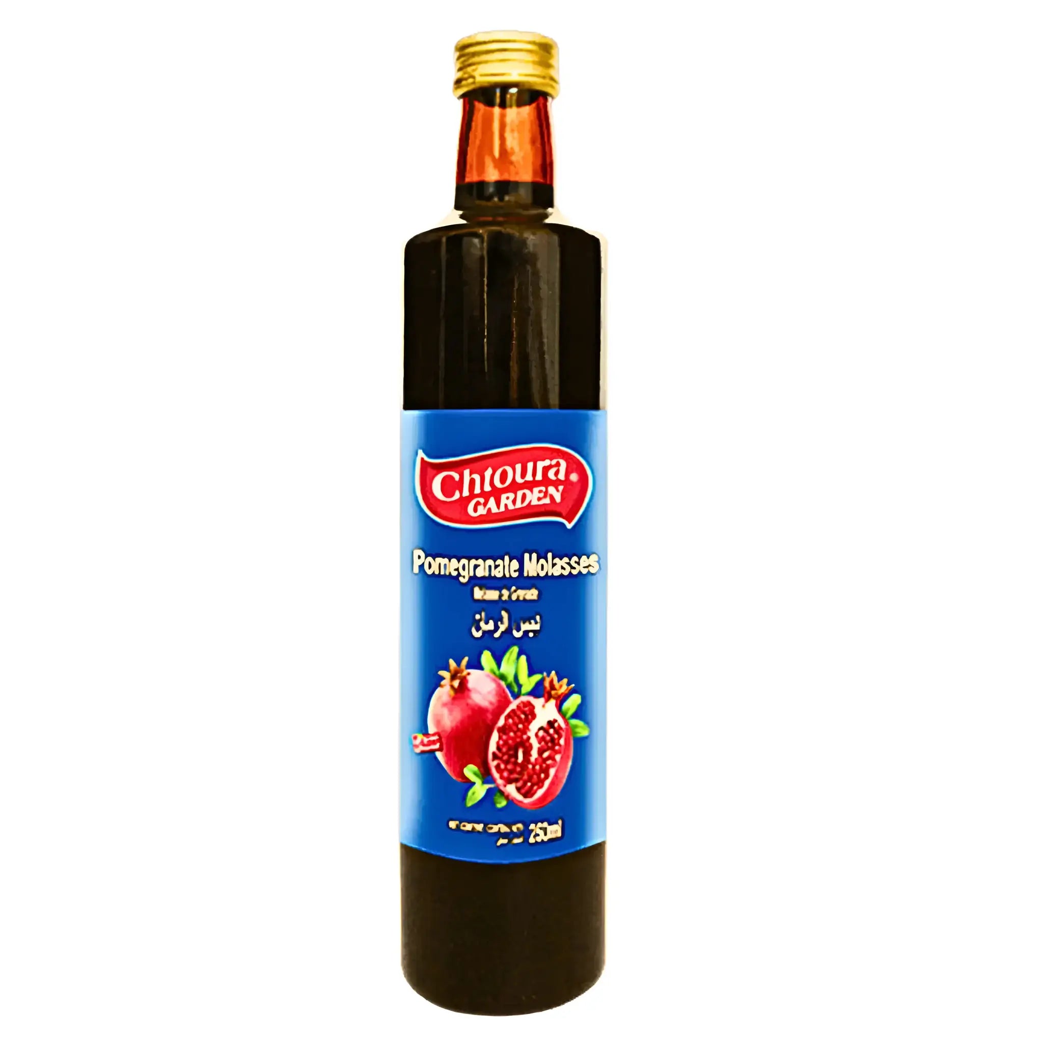 Granaattiomenasiirappi lasipullossa sinisellä etiketillä ja granaattiomenakuvalla, Chtoura Garden.