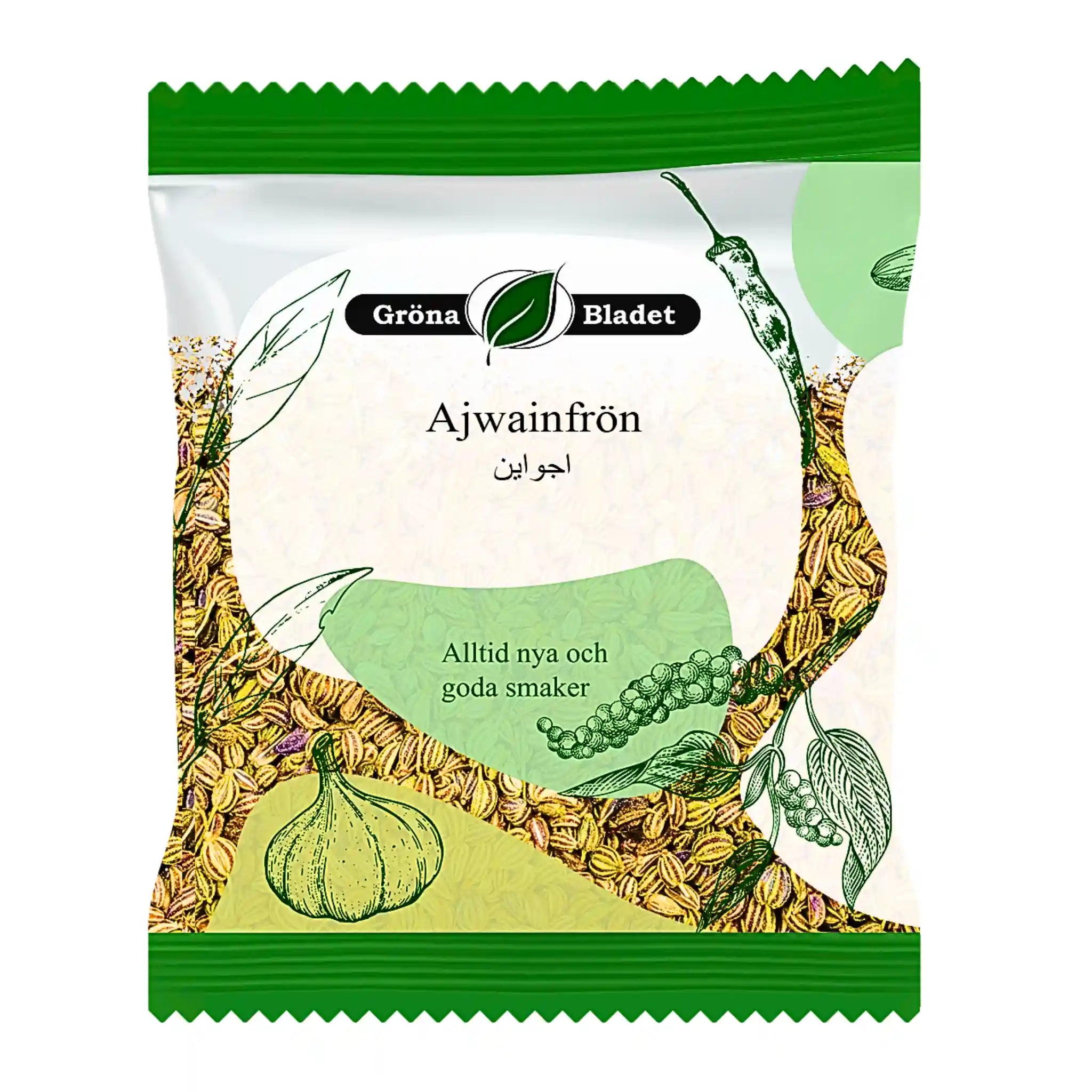 Pakkaus Ajwain-taimia 40 g, vihreä suunnittelu, mausteet ja vihanneskuvitukset