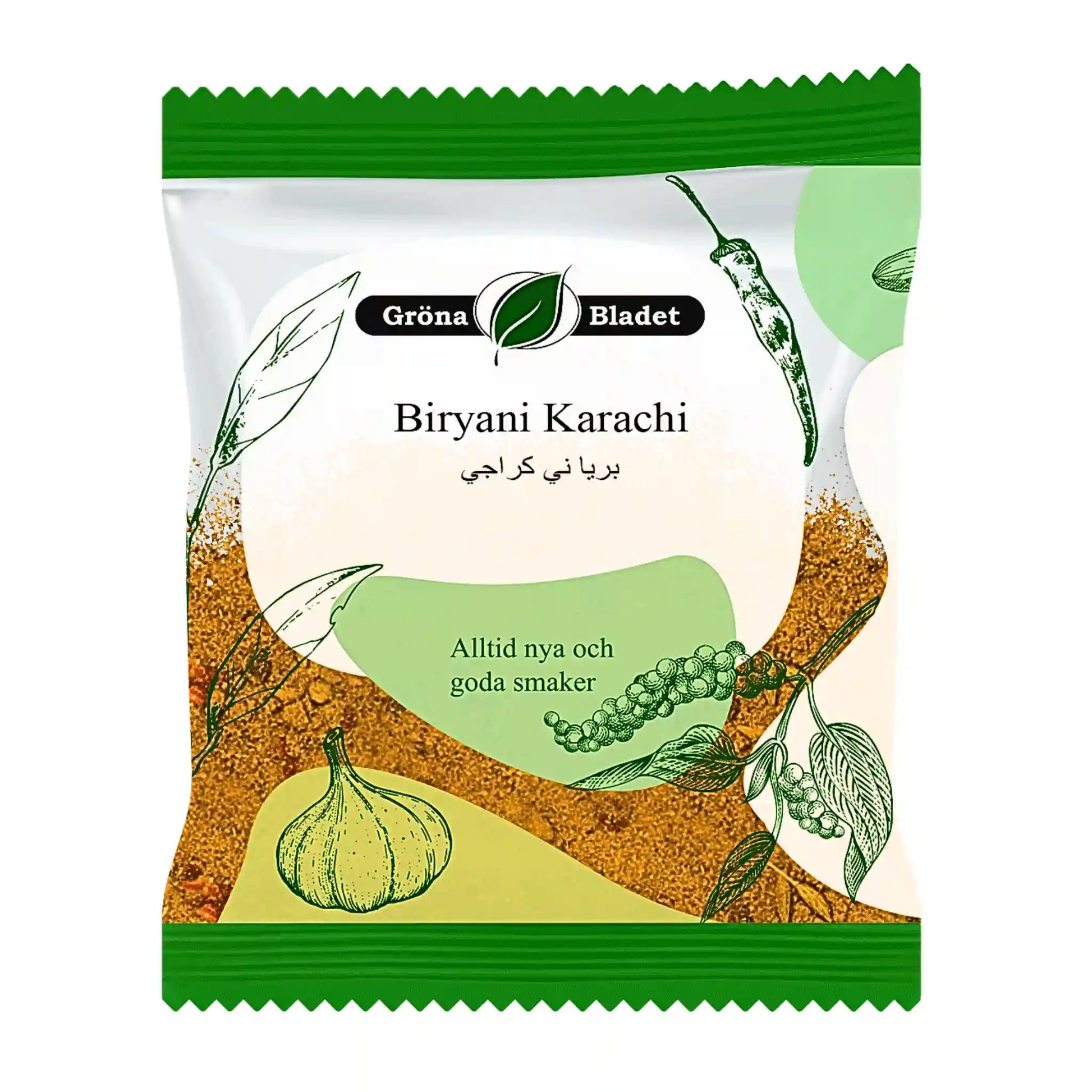 Gröna Bladet Biryani Karachi -krydrasekoitus 40 g, värikäs pakkaus mausteilla ja valkosipulilla