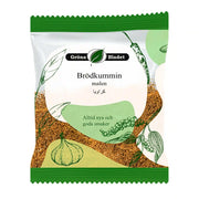 Pakkaus jauhetua kuminaa, vihreitä kasvikuvituksia ja vihreä etiketti, 40 g.