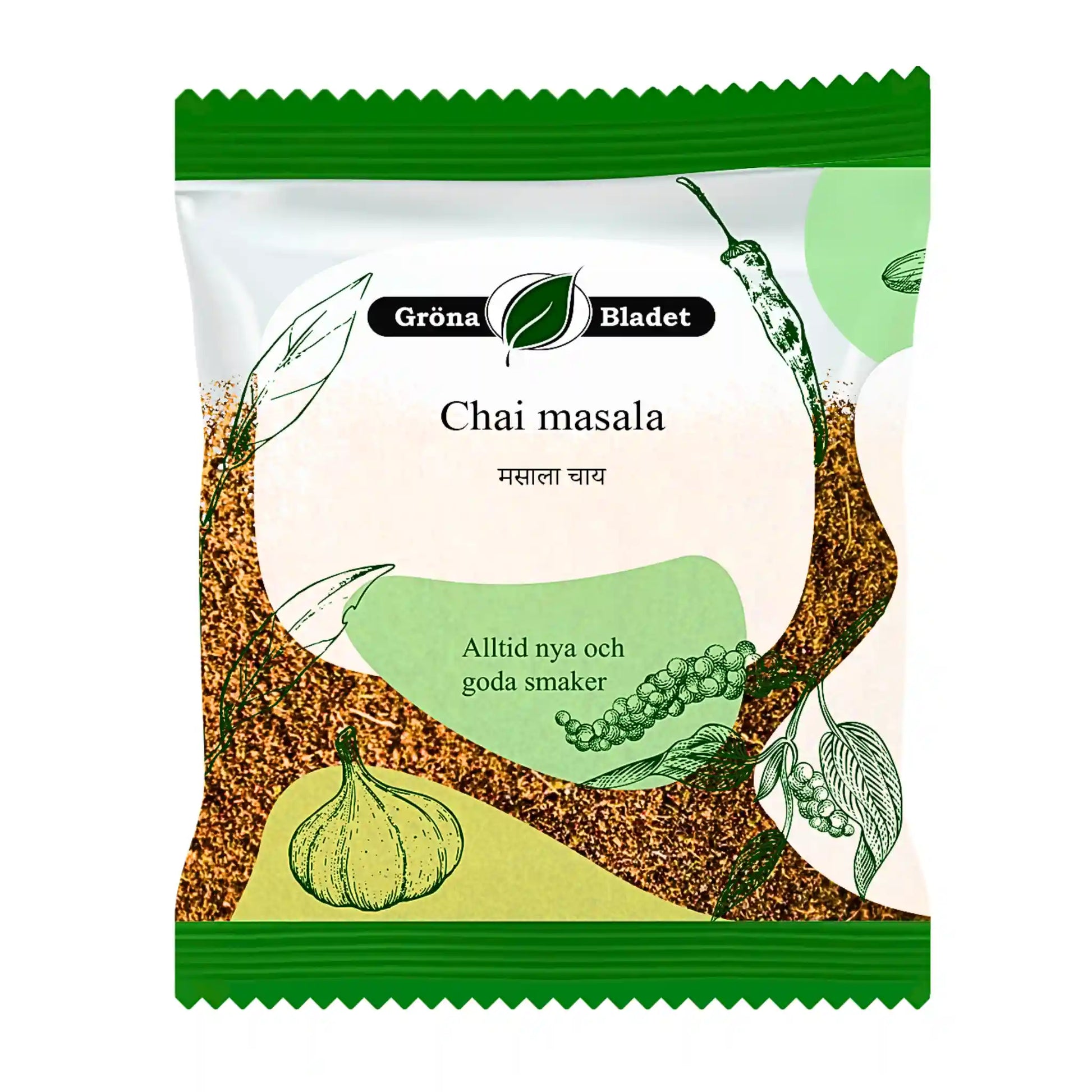 Gröna Bladet Chai masala -krydrasekoitus 30 g teä varten, vihreiden kasvien ja mausteiden kuvitukset pakkauksessa.