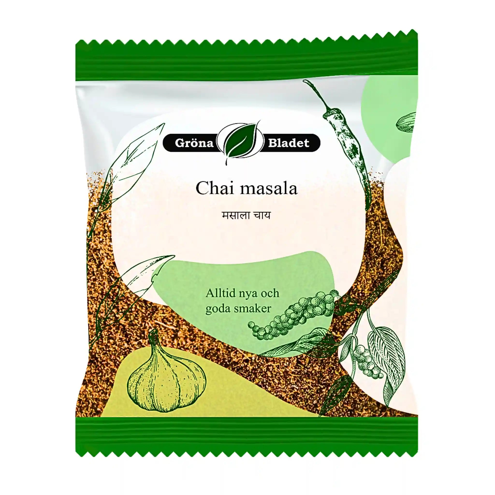 Chai masala -maustesekoitus 30 g vihreässä ja valkoisessa pussissa, yrttejä ja vihanneksia pakkauksessa
