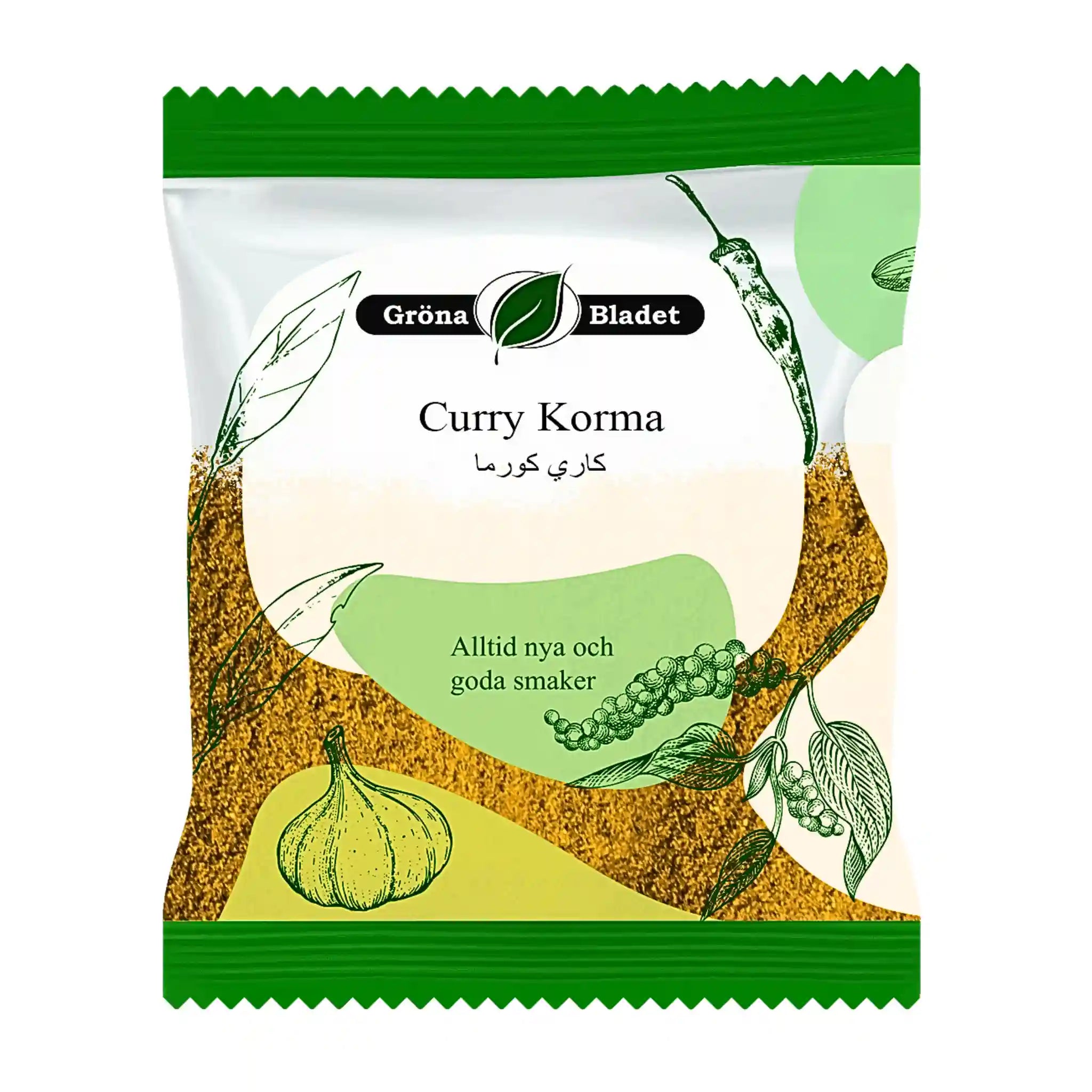 Gröna Bladet Curry Korma -maustesekoitus vihreässä ja valkoisessa pakkauksessa, maustekuvioita.