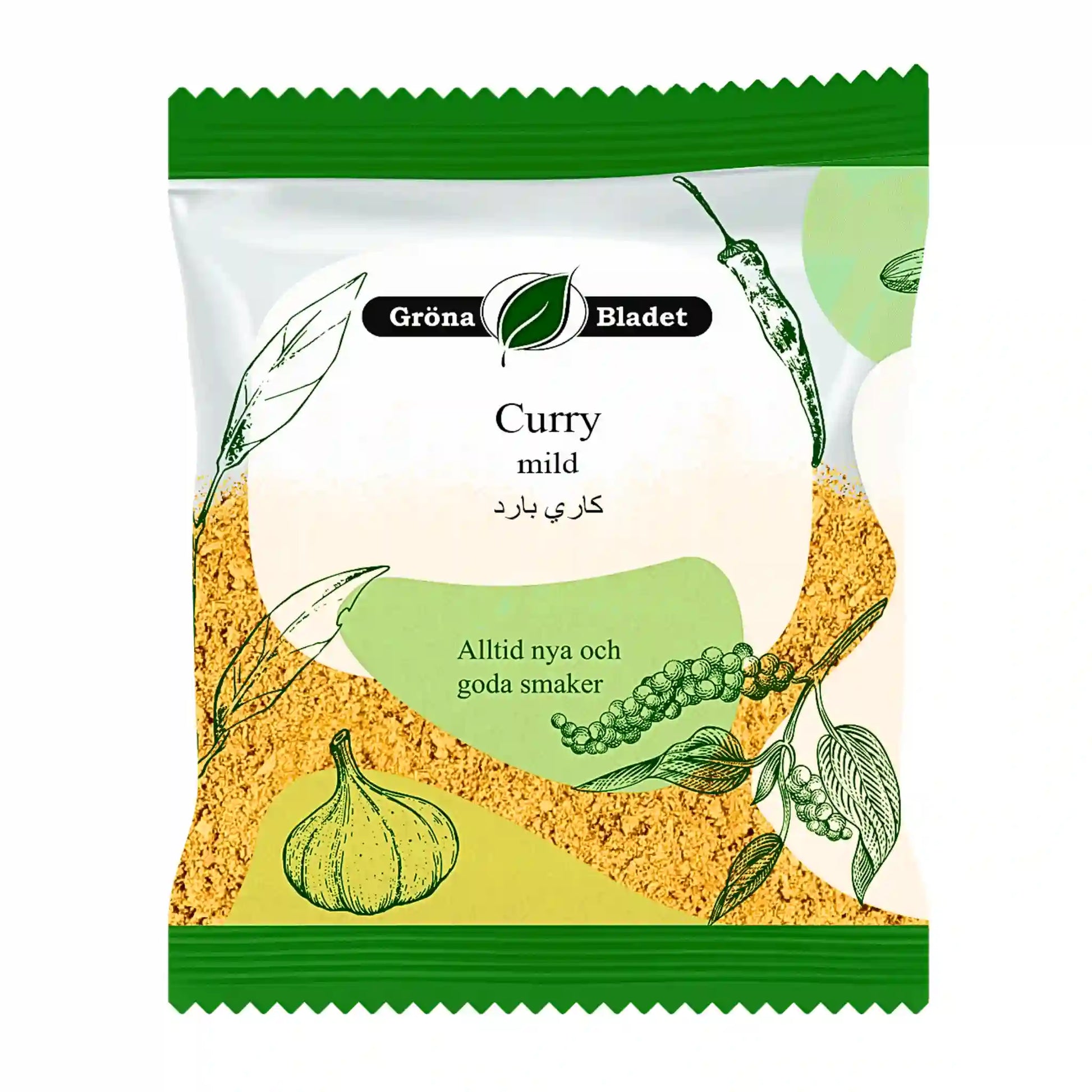Pussi mieto curry, Grönabladet, 40 g valkosipuli- ja pippurikuvioilla.