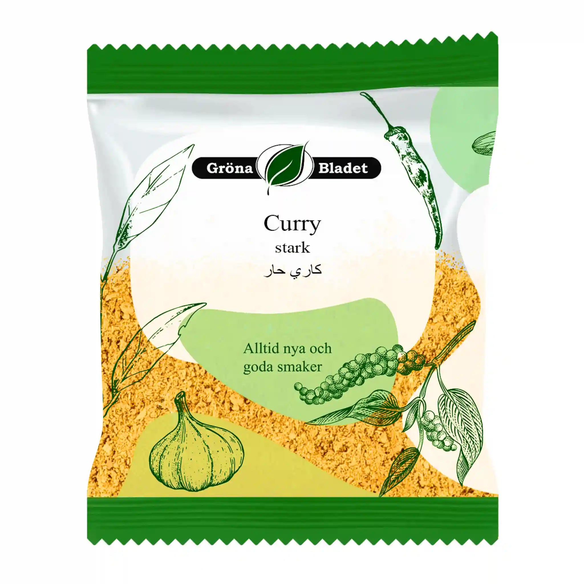 Pakkaus Gröna Bladet curry vahva 40 g, vihreä-keltainen design mausteilla ja valkosipulilla.