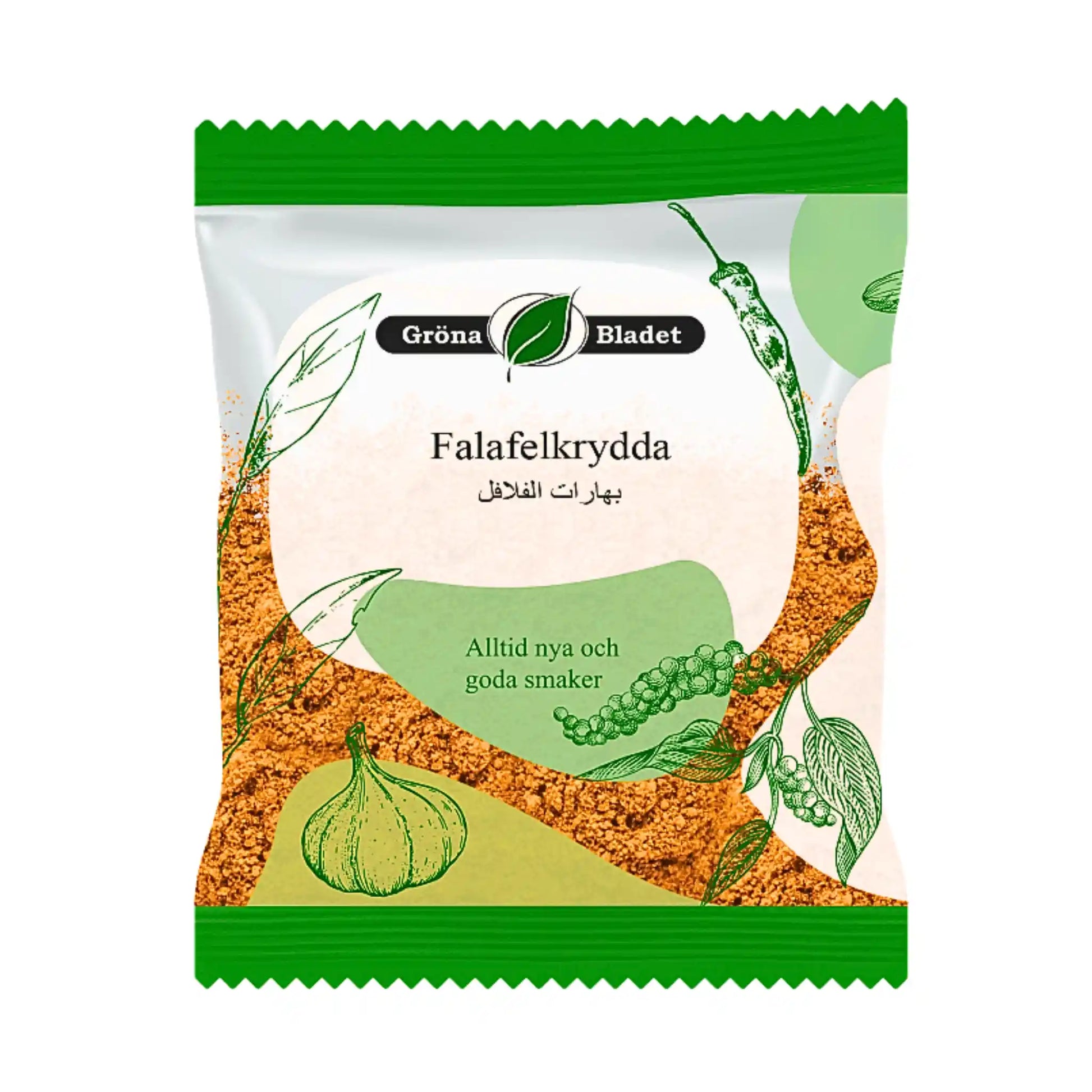 Falafelmaustesekoitus 40g, vihreä ja valkoinen pakkaus vihanneksia esittävine kuvituksineen