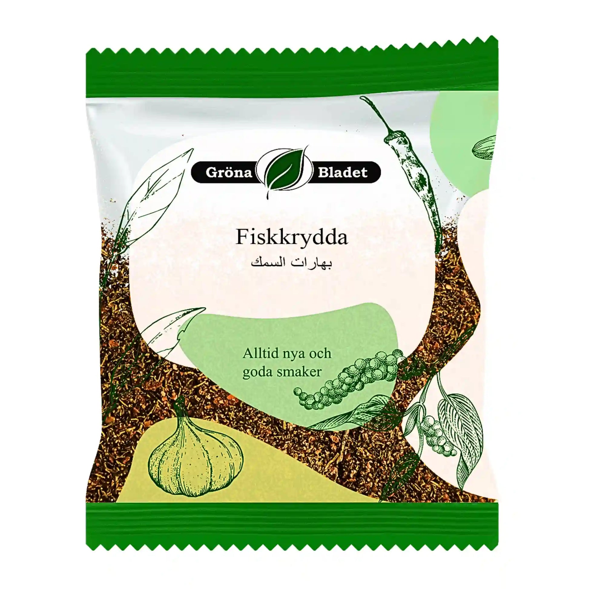 Pussi itämaisia kalamausteita, vihreä ja luonnoninspiroitu pakkausdesign.
