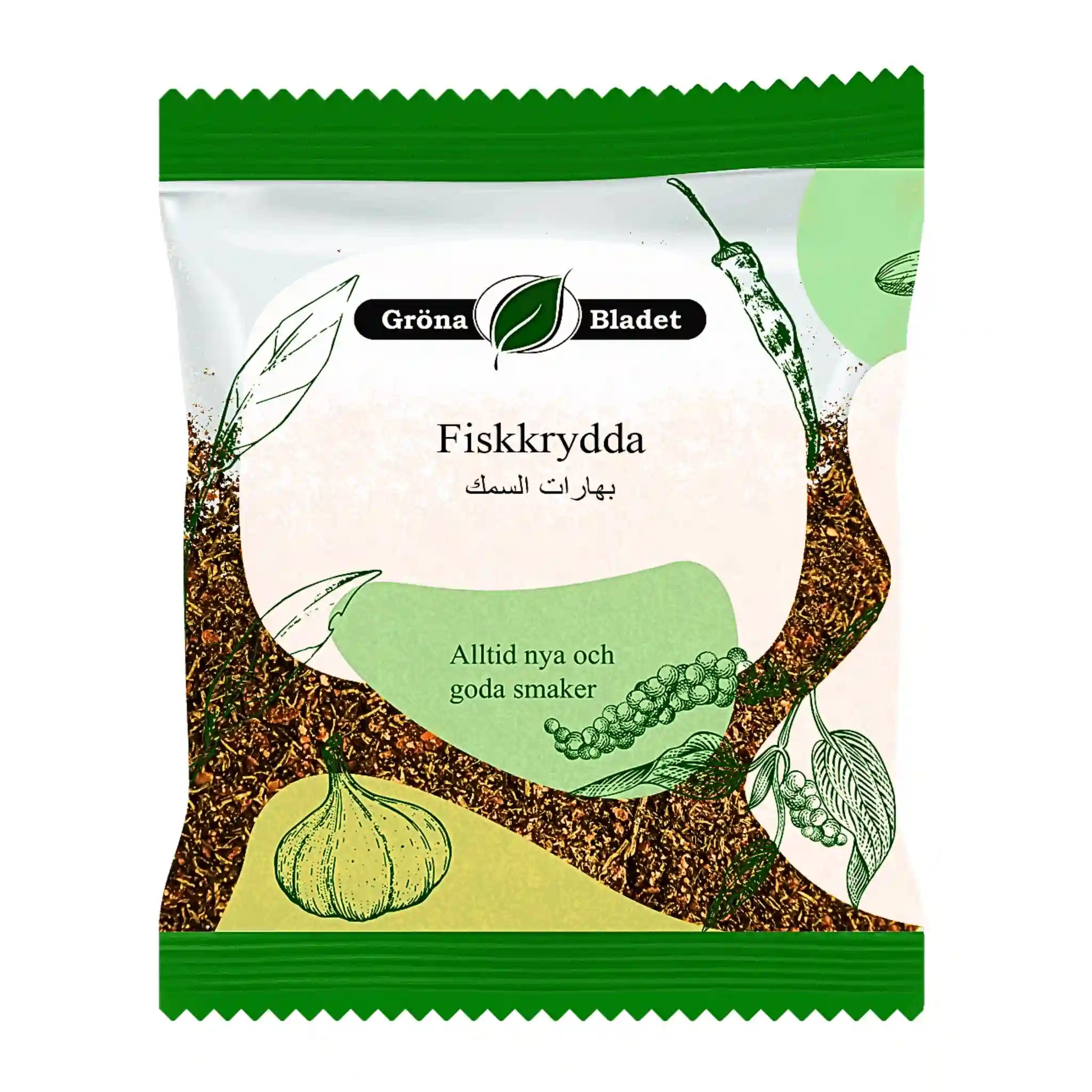 Pussi itämaisia kalamausteita, vihreä ja luonnoninspiroitu pakkausdesign.