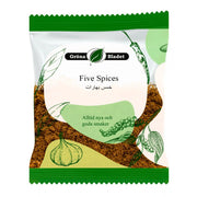Gröna Bladet Five Spices -maustesekoitus 40 g vihreässä valkosipuli- ja chilikuvioisessa pakkauksessa.