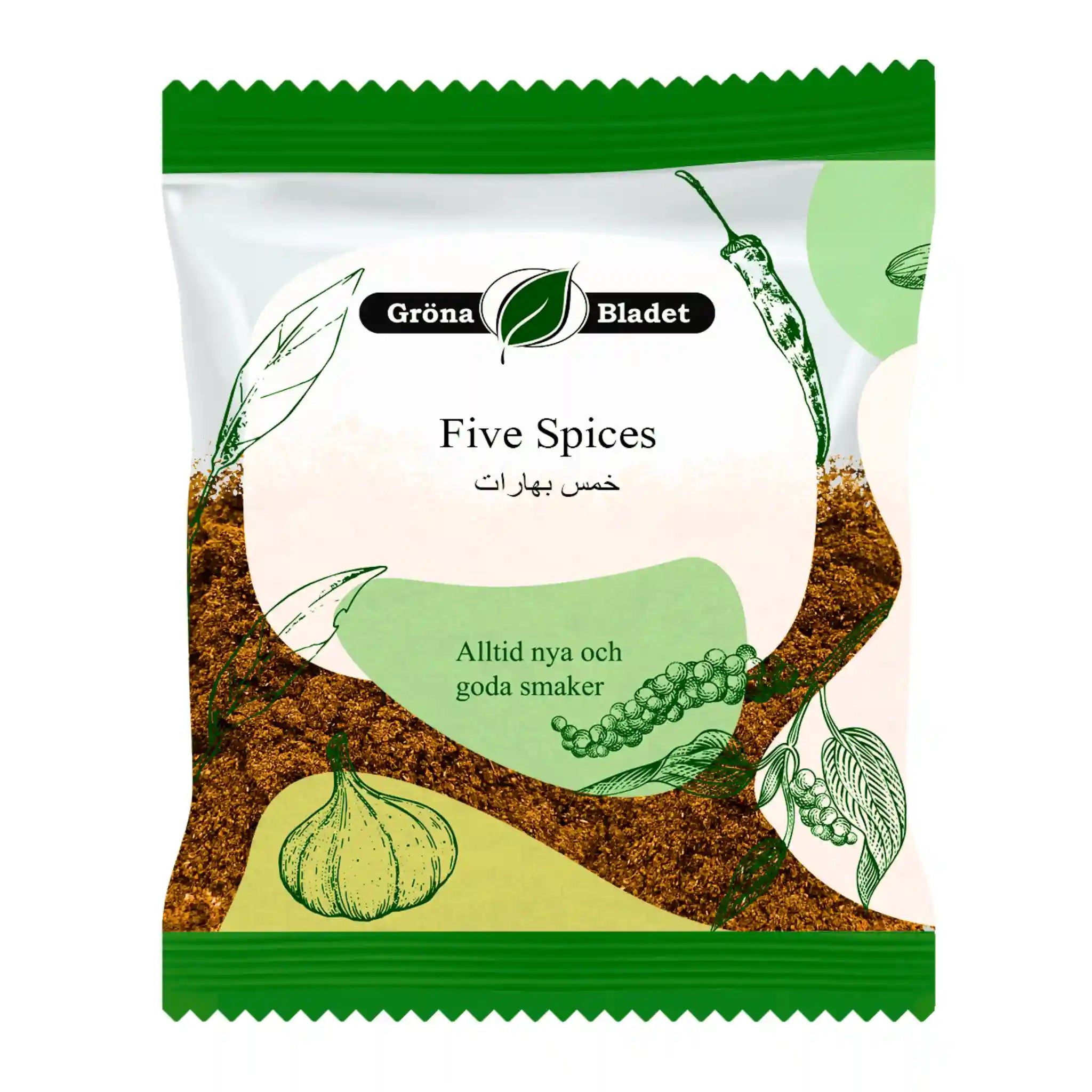 Gröna Bladet Five Spices -maustesekoitus 40 g vihreässä valkosipuli- ja chilikuvioisessa pakkauksessa.
