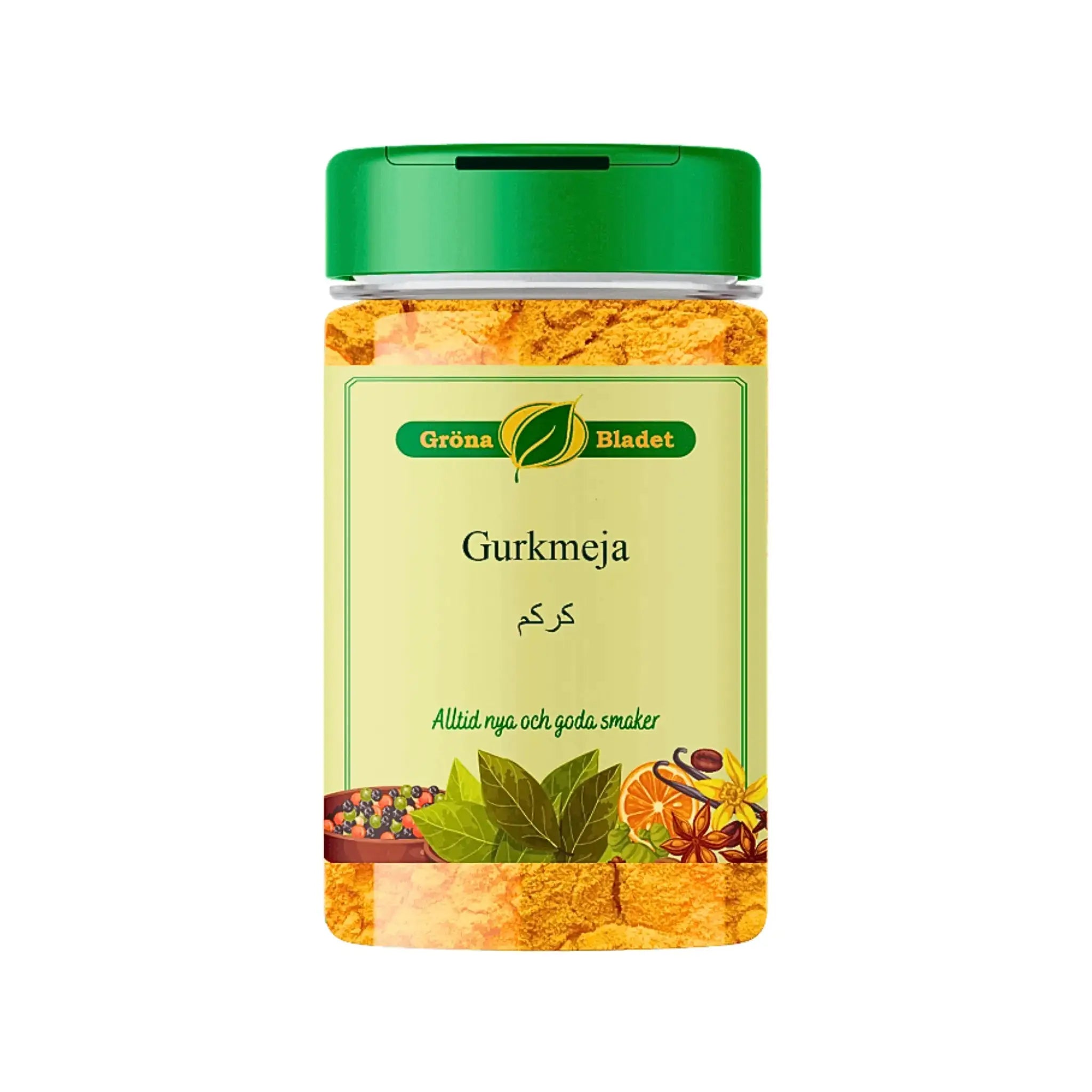 Purkki kurkumaa, vihreä kansi, etiketti maustekuvioineen, itämaisia makuja.