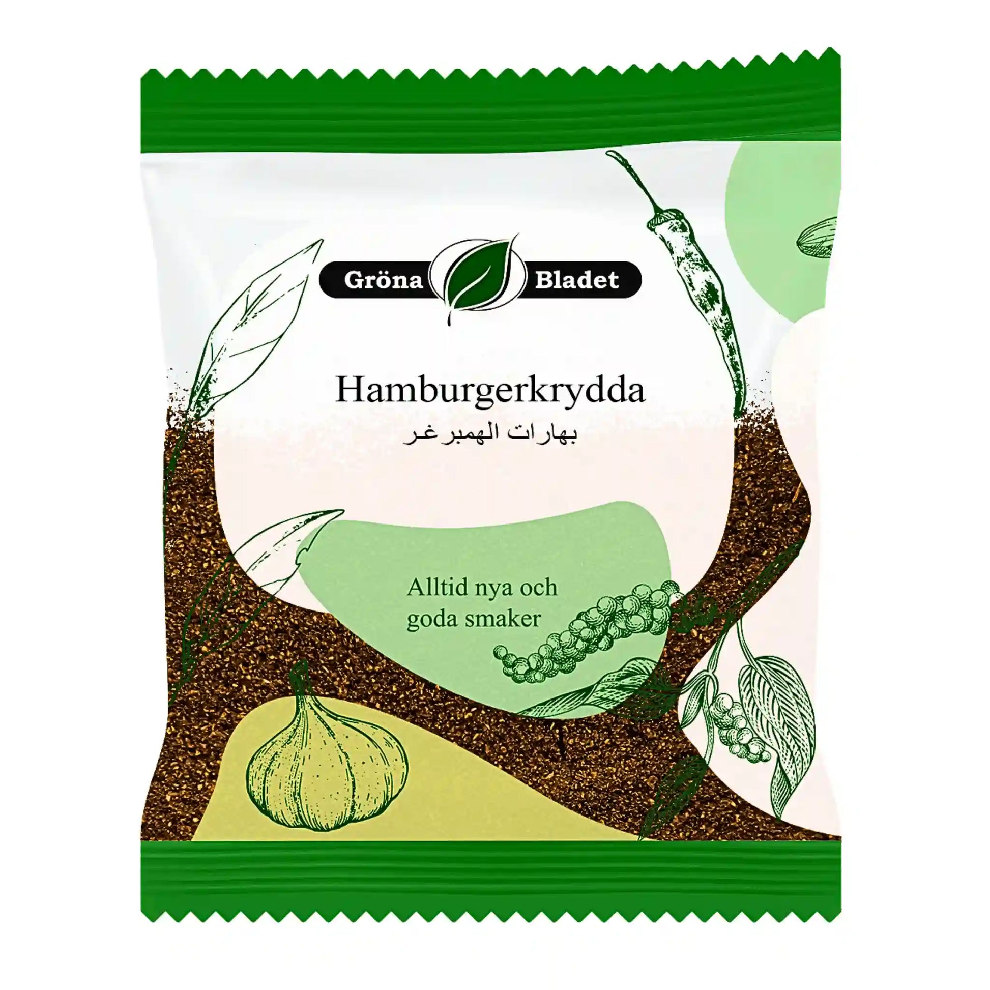 Pakkaus Gröna Bladetin burgereiden maustetta 40 g, jossa kuvattuja mausteita.