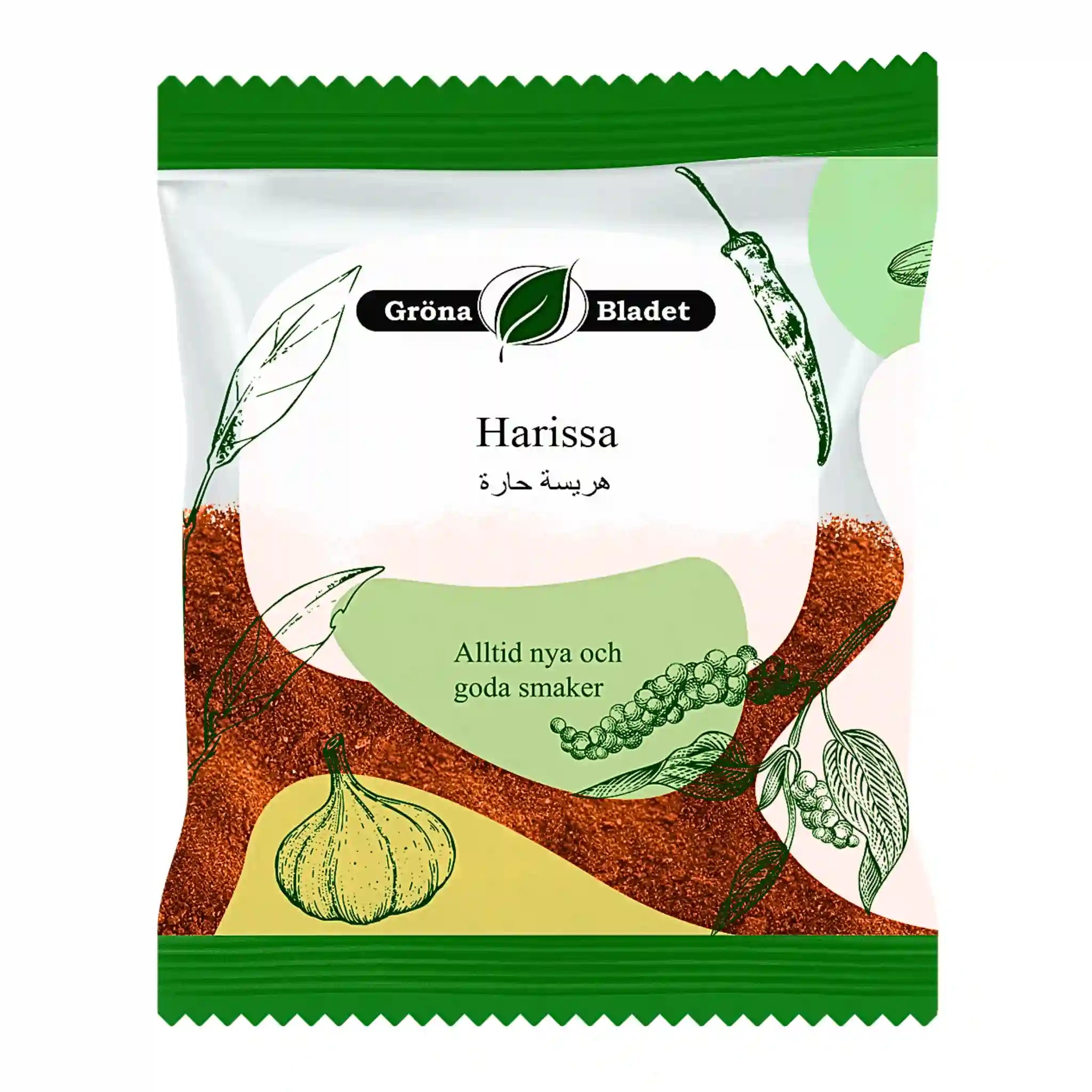 Pussi harissa-mausteseosta, vihreä-valkoinen design, jossa valkosipulin ja chilin kuvio.