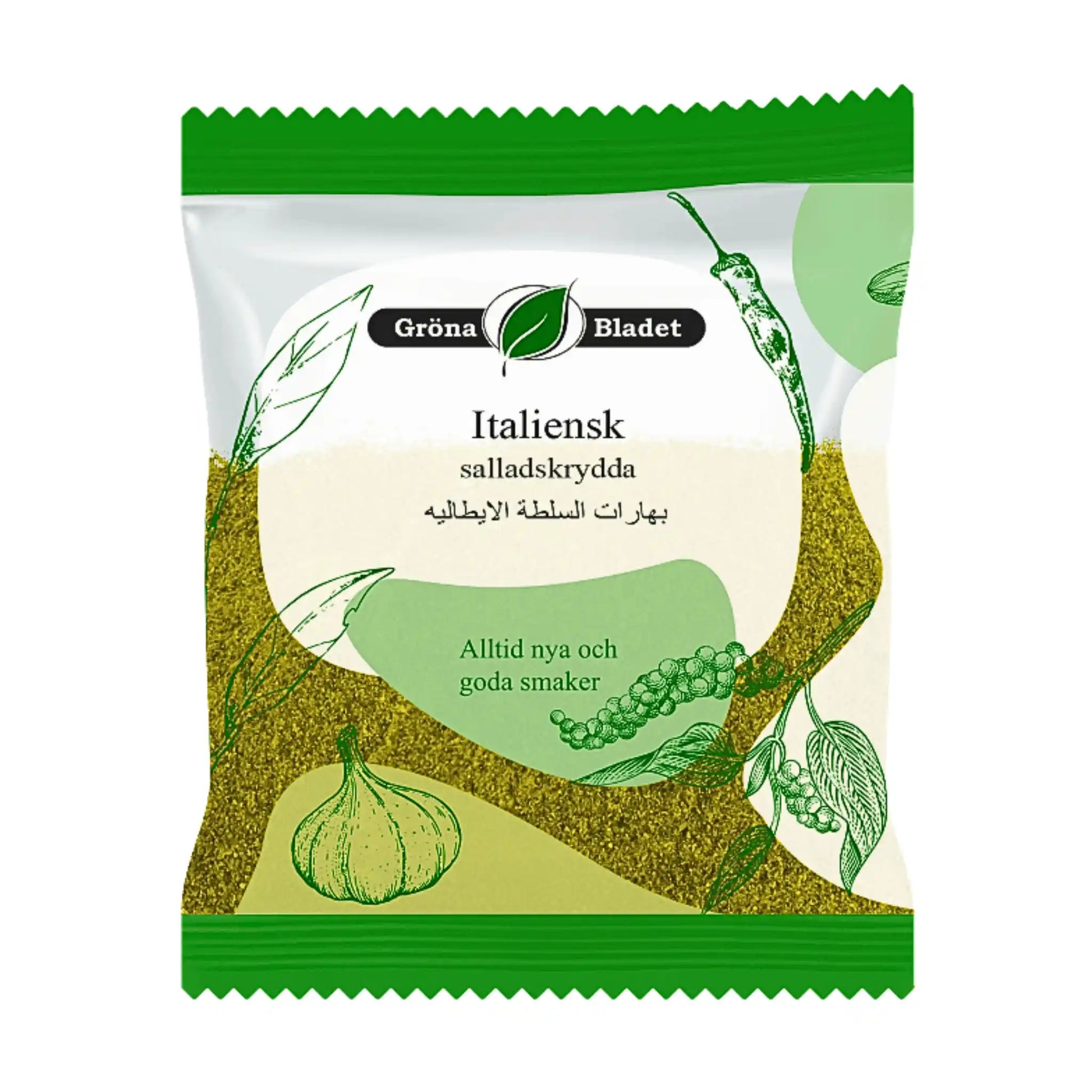 Italianalainen salaattisekoitus 60g, vihreä ja valkoinen pakkaus, jossa on maustekuvioita.