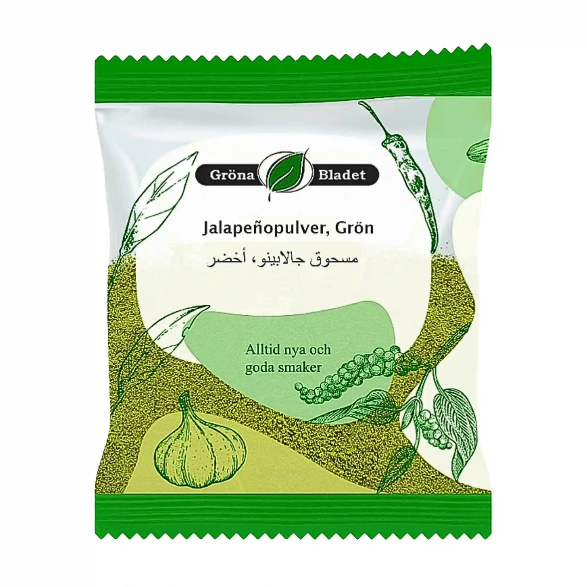 Vihreä pussi jalapenopulverilla, pakkaus kuvitettu vihanneksilla ja yrtteillä.