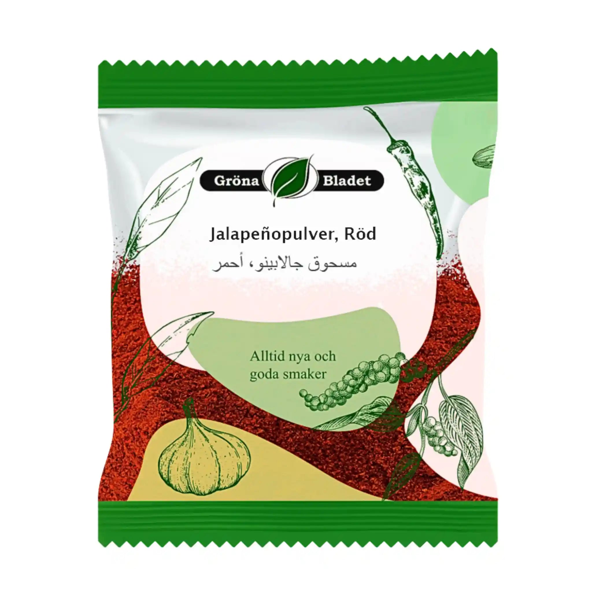 Pakkaus punaista jalapeño-jauhetta, kuvitus chiliä, valkosipulia ja pippuria edessä.