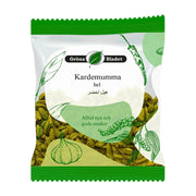 Pakkaus kokonaista vihreää kardemummaa, selkeät maustekuvitukset ja läpinäkyvä ikkuna.