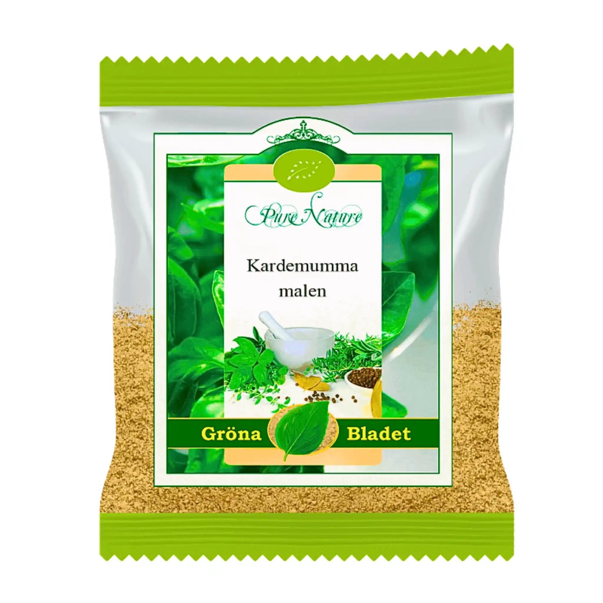 Pakkaus jauhettua kardemummaa, vihreä lehtimotiivi, itämaisia mausteita, 30g.