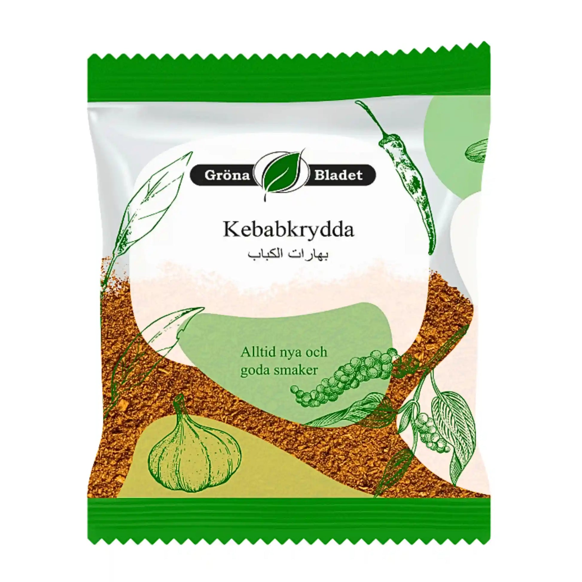 Gröna Bladet kebabmaustetta 40g itämaiseen ruoanlaittoon, maustepussi vihreällä koristelulla.