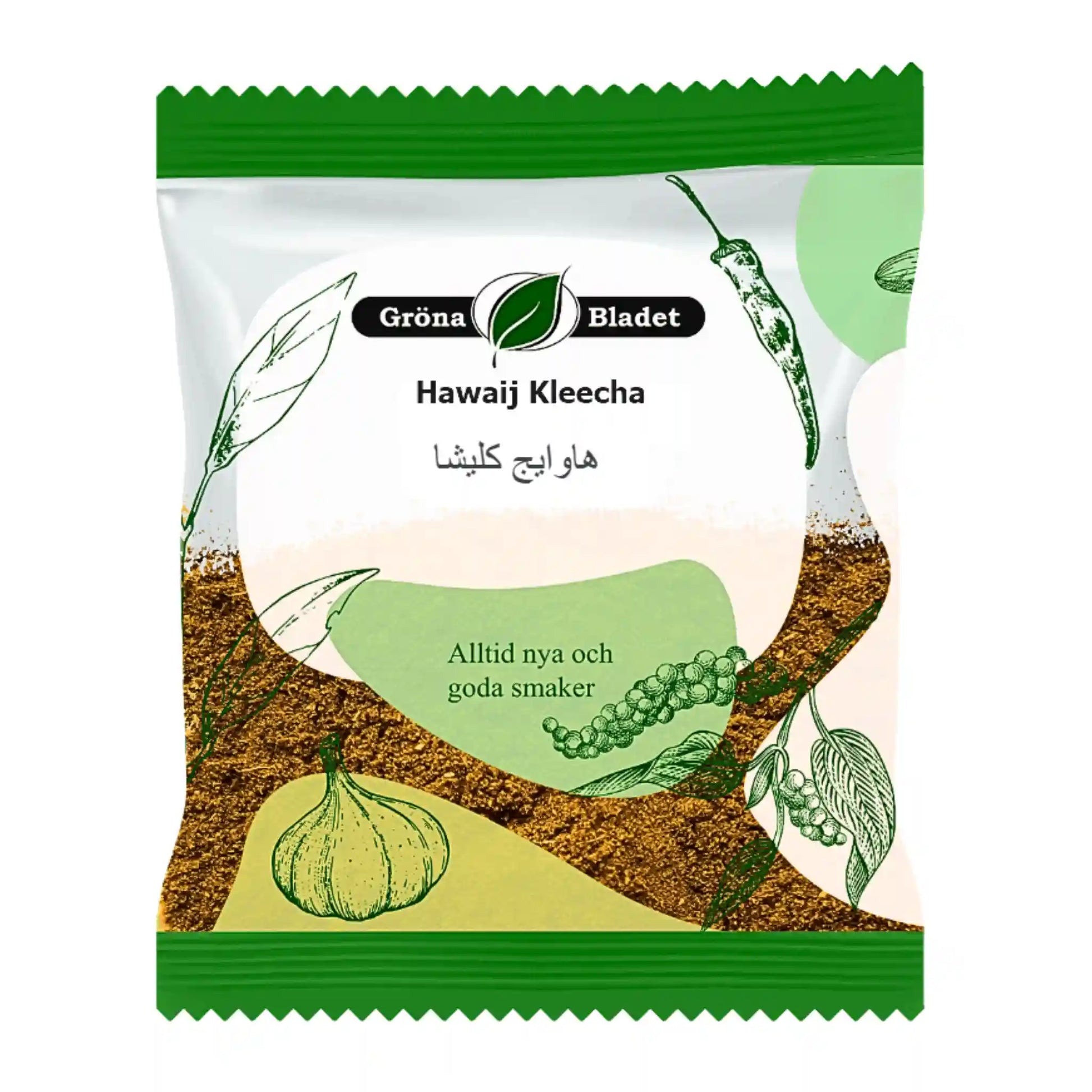 Pussi Hawaij Kleecha -maustetta 40 g, jossa kuvattu valkosipuli, yrtit ja vihreä koristelu.