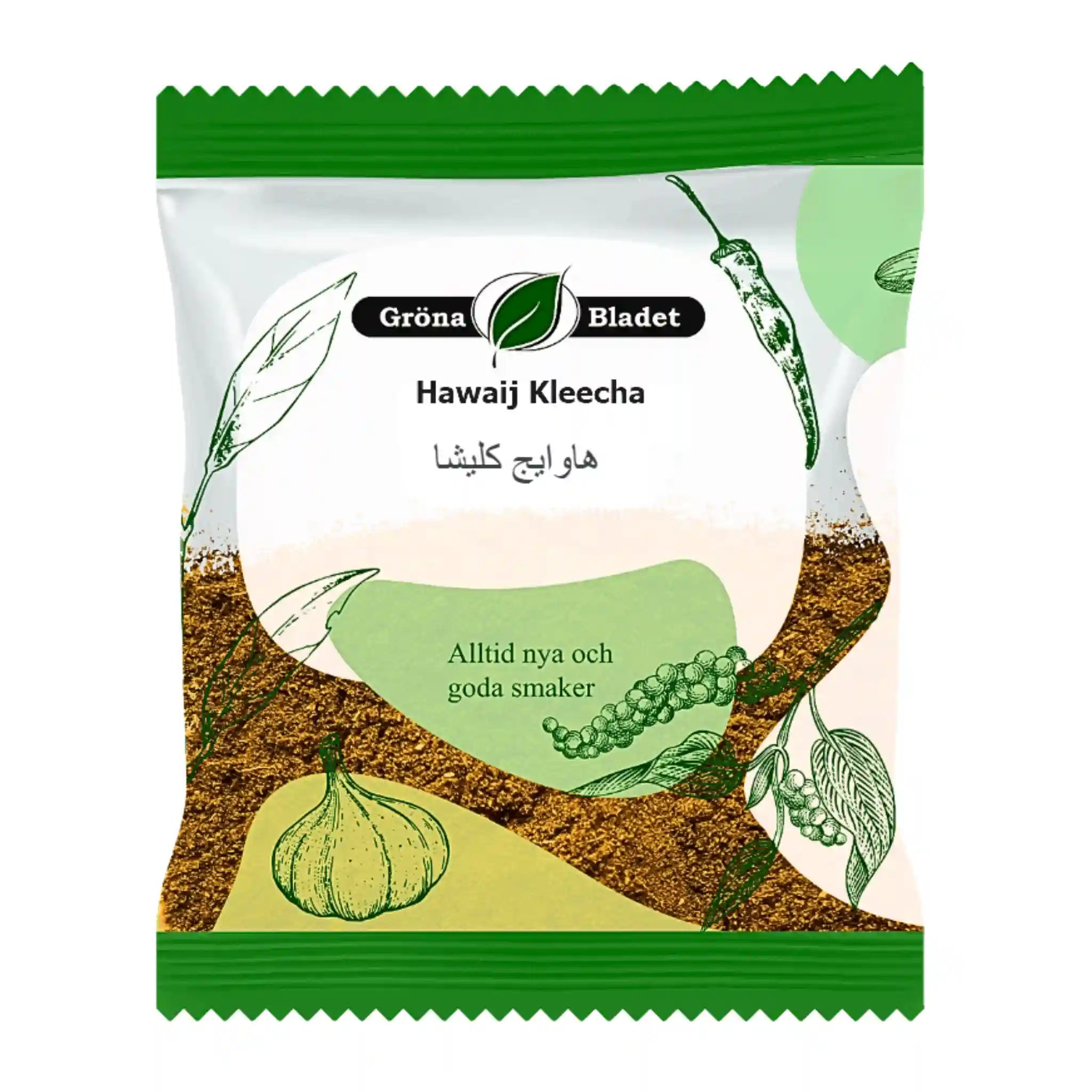 Pussi Hawaij Kleecha -maustetta 40 g, jossa kuvattu valkosipuli, yrtit ja vihreä koristelu.